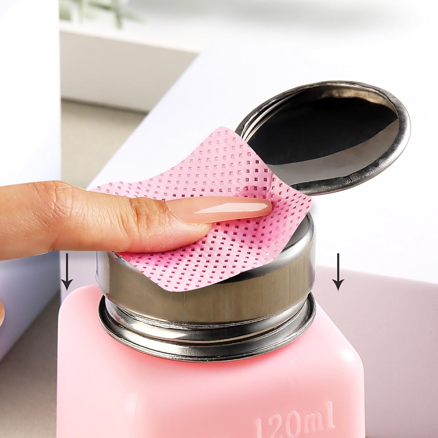 Pump Dispenser 120ml Metal Push Down for Alcohol, Eye Makeup Remover, Nail Polish Remover - 200Pcs Lint Free Nail Wipes Included
