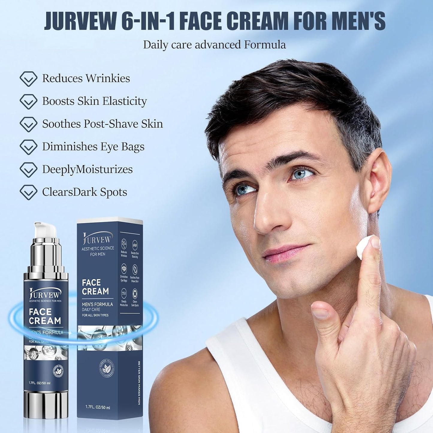 6-in-1 Face Cream for Men - Anti-Aging Moisturizer with Hyaluronic Acid & Niacinamide, Reduces Wrinkles, Dark Spots, Under Eye Bags, For Dry Skin, Daily Hydrating Face & Eye Treatment (1.7 Oz)