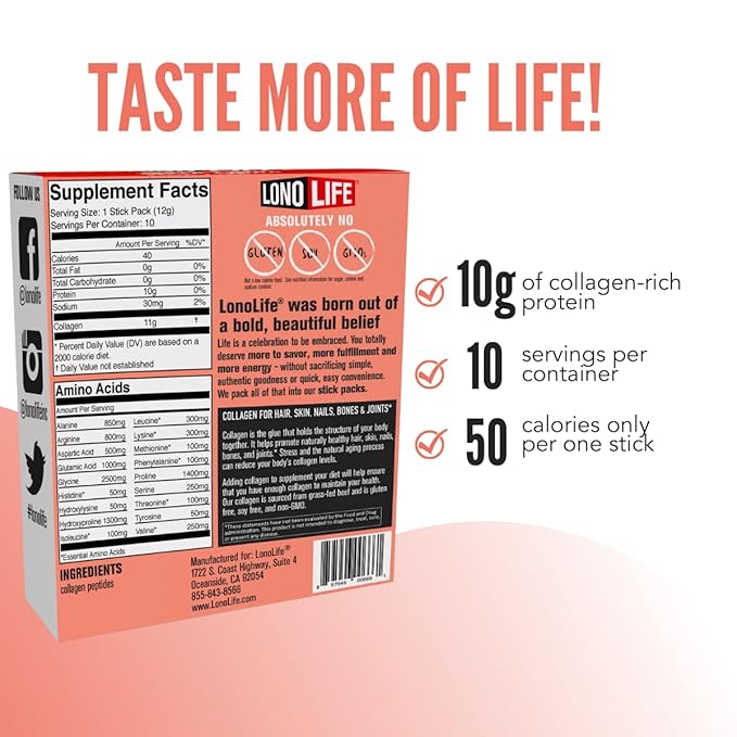 LonoLife - Unflavored Collagen Peptides with 10g Protein, Paleo and Keto Friendly, Portable Individual Packets, 10 Servings, 10 Count