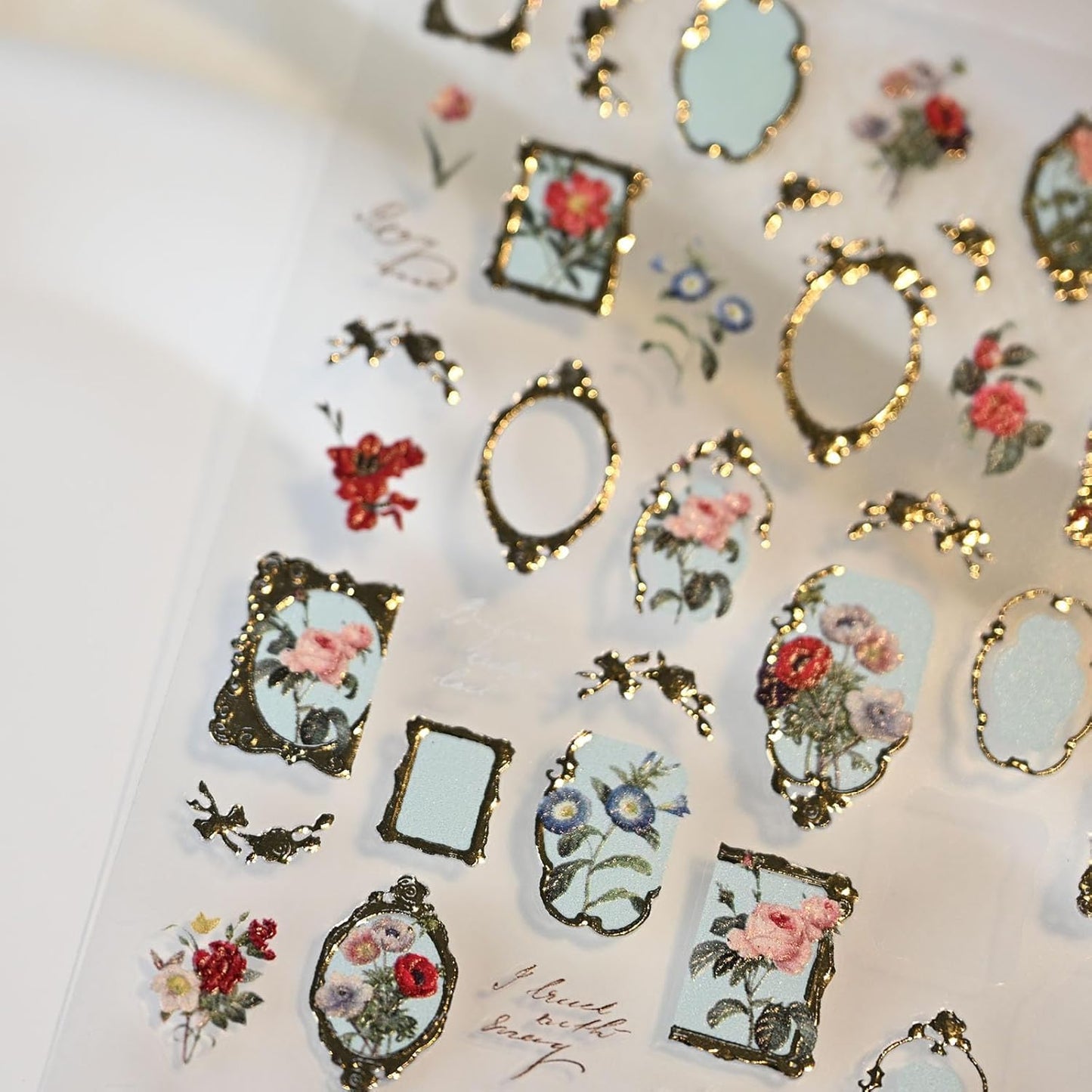 Golden Frame Flower Nail Art Stickers, Embossed Nail Decals,Vintage Floral for Nail Art Design, Self-Adhesive, Nail Accessories for Women,Aesthetic Nail Art Supplies