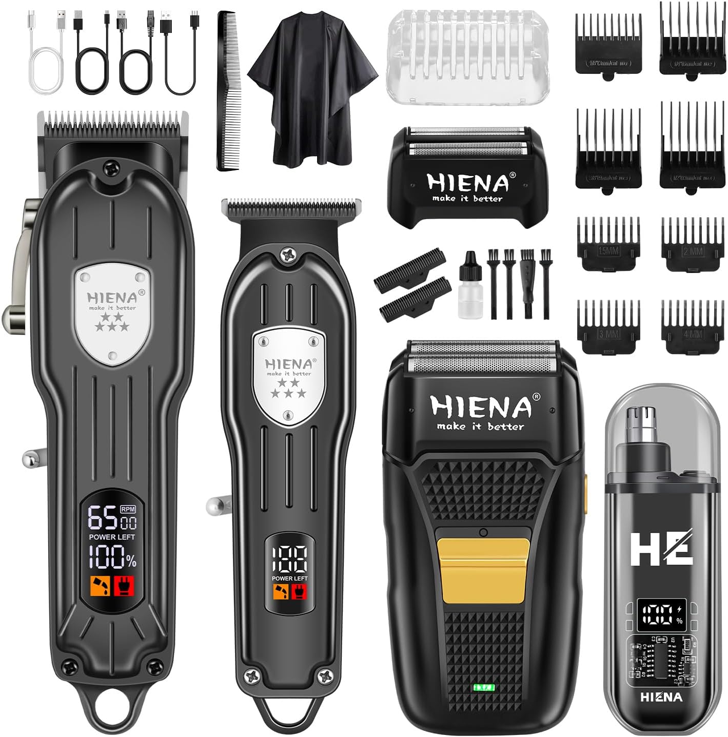 HIENA PRO Professional Hair Clipper Kit, Rechargeable Cordless Barber Kit and Hair Cutting Set, Electric Foil Shavers and Beard Trimmers, Ear, Nose Hair Trimmer Set & Facial Grooming Tool (Black)