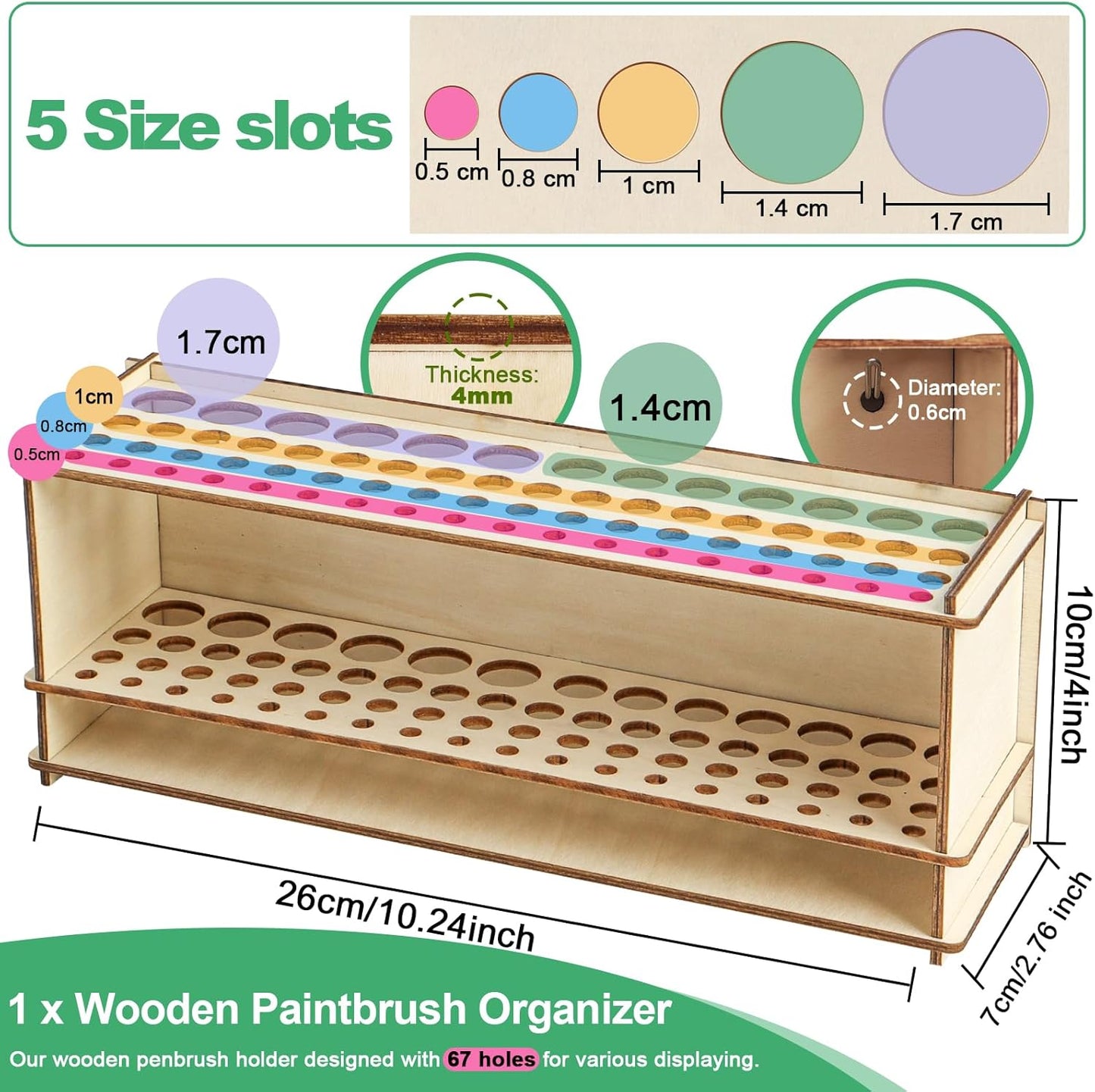 Wooden Paint Brush Holder Artist Brush Holder 67 Hole Paintbrush Holder Desktop Organizer Wood Paint Brush Rack for Pens Pencils and Art Tools