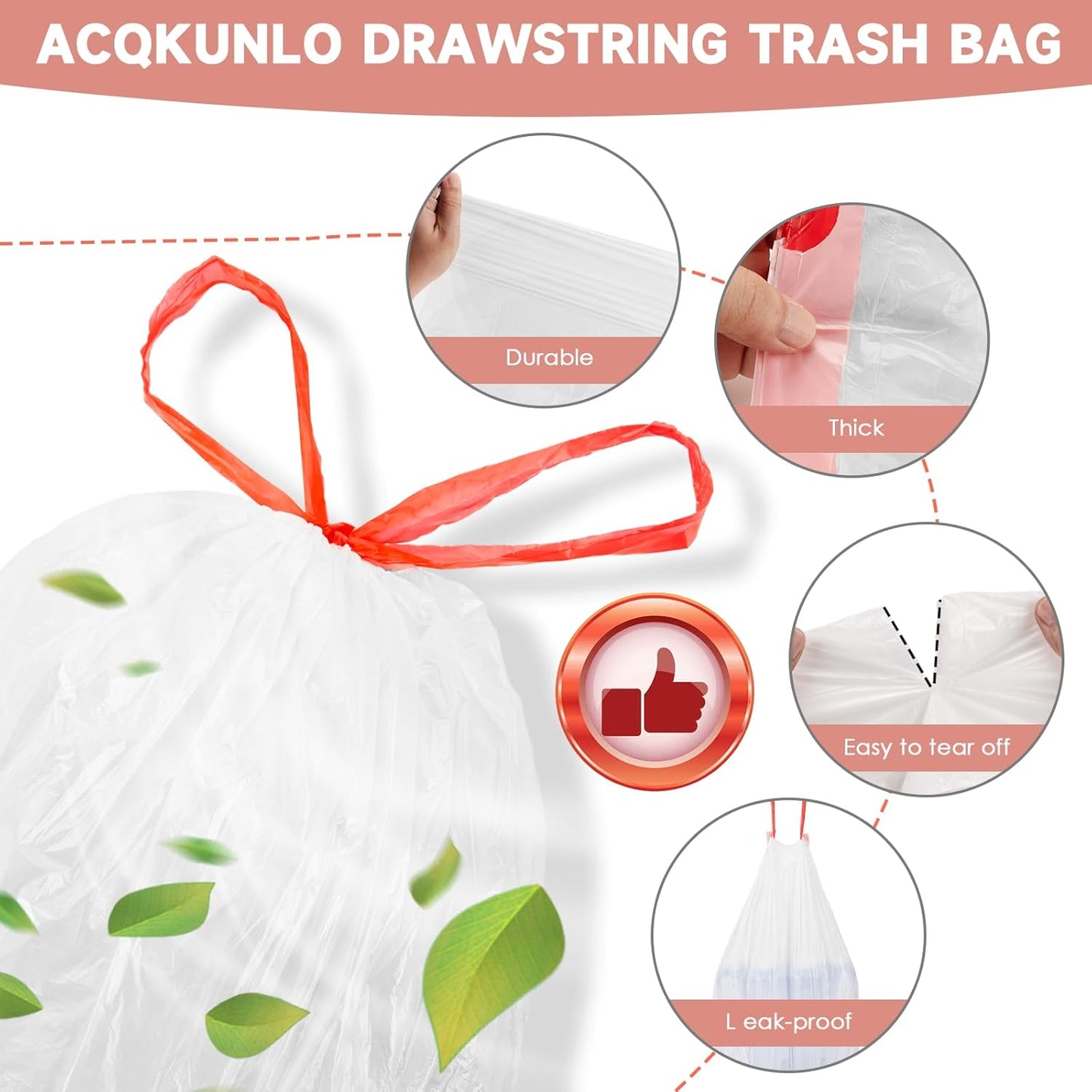 4 Gallon Small Trash Bags Drawstring - Clear White Garbage Bag 5 Rolls 125 Count No Scented Thick Durable Strong Mini Plastic Can Liners for Kitchen Offic or Outdoor Hiking
