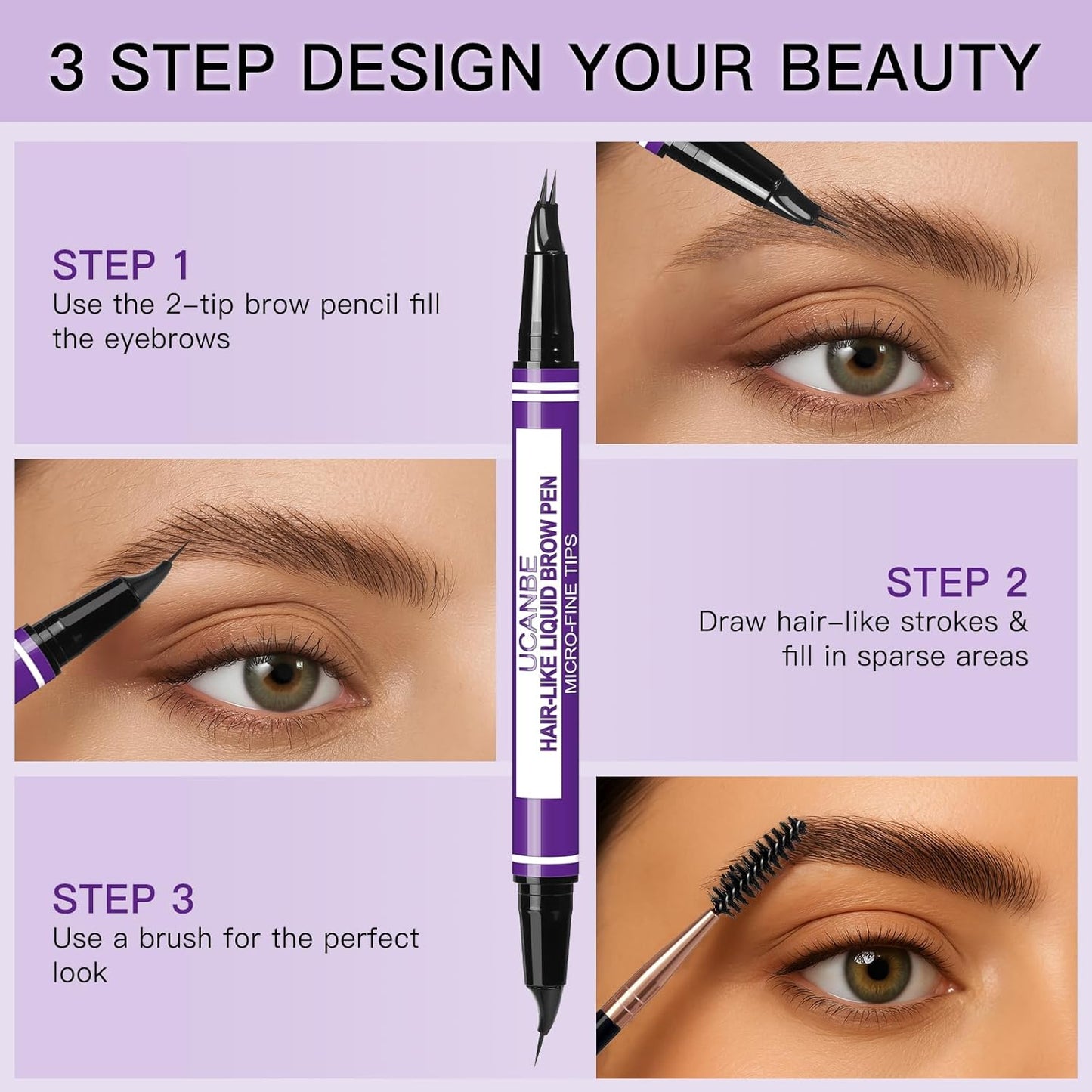 UCANBE Curved Eyebrow Pencils for Women with Spoolie Brush,Dual-Ended Eyebrow Pen with 2-Fork-Tip&Precise Brush-Tip,Microblading Brow Pen for Hair-Like Brows,Waterfool, Long Lasting,Black Brown