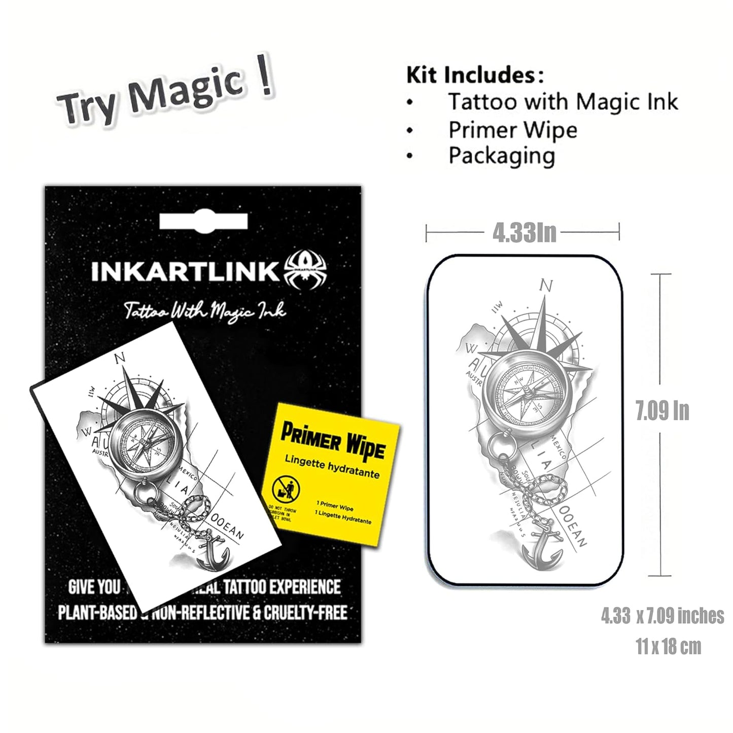 INKARTLINK Semi Permanent Tattoos, Temporary Tattoos, Adult Art Designs, Party Favors, Waterproof, Realistic, No Adhesive, No Reflective, Lasts 1-2 Weeks, Extra Large (Compass)
