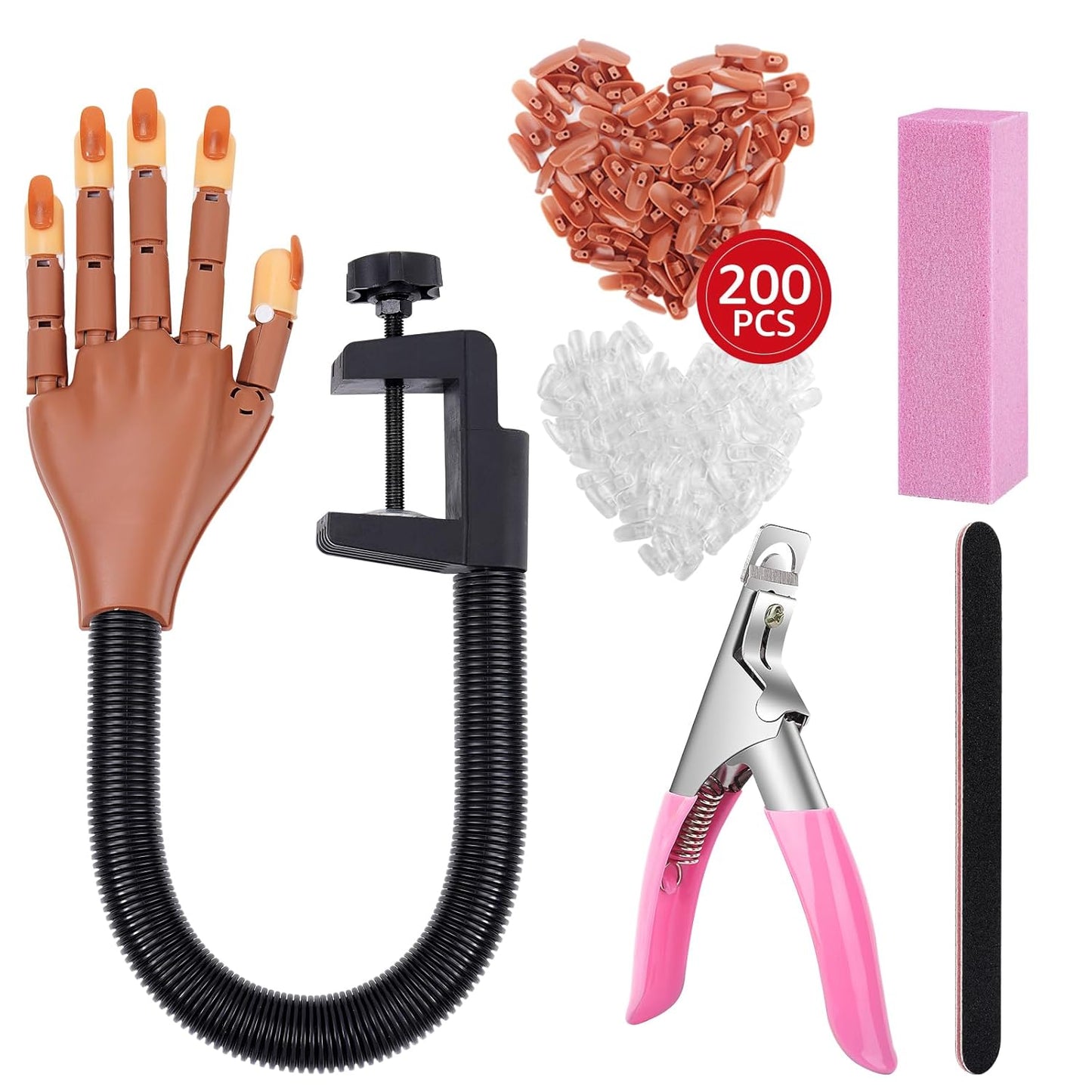 Nail Practice Hand for Acrylic Nails, Flexible Nail Maniquin Hand to Practice Nail Art, Movable Nail Training Hands for Beginners Nail Skills Practicing with 200pcs Fake Nails Tips