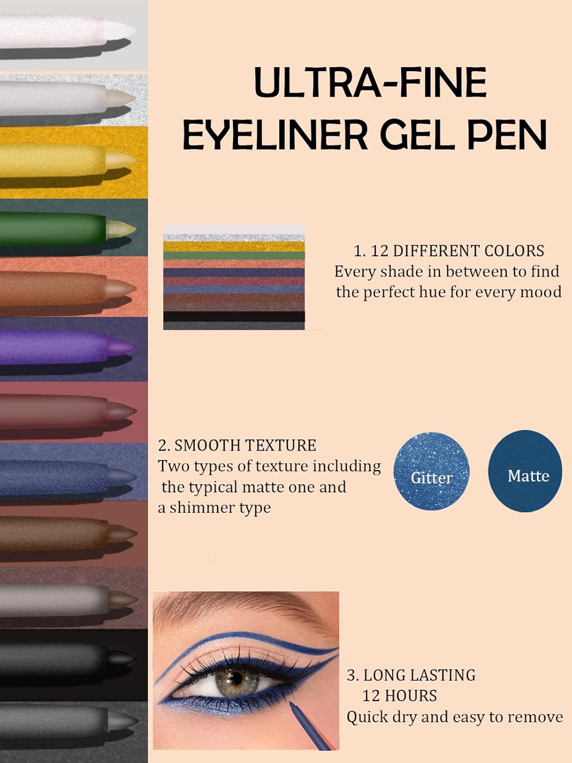 Grey Gel Glitter Eyeliner Pencil, Metallic Waterproof Smudge-Proof Creamy Retractable Smooth Eye Liner pencil, Hypoallergenic Long Lasting Eyeliner Brightener Pen Crayon Eye Makeup Gift for Women#10