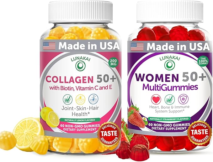 Lunakai USA Made Collagen & Multivitamin Gummies Bundle for Women 50+ – Supports Skin, Hair, Nail, Joint, Heart, Bone & Immune Health – 60ct Each
