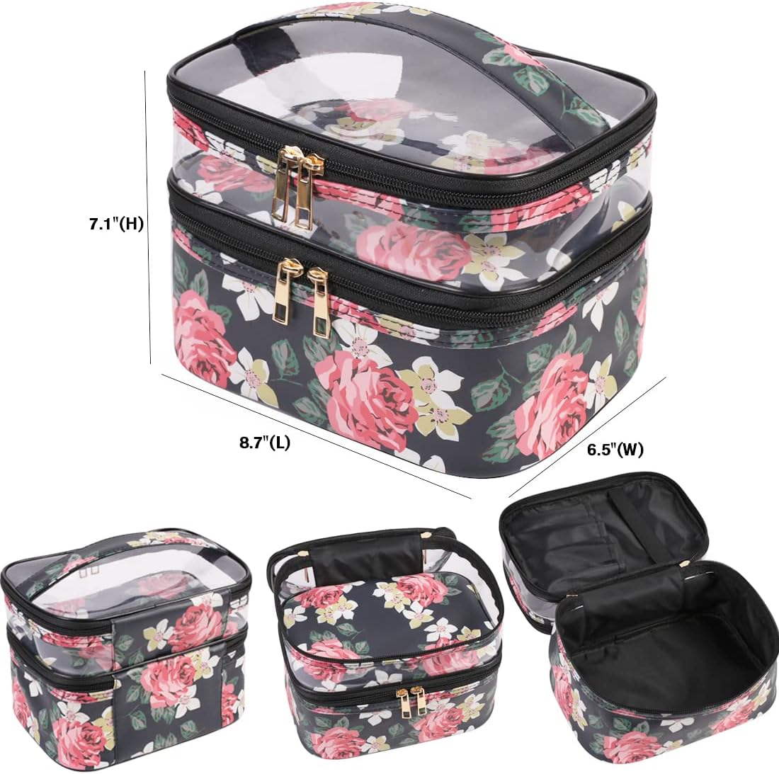 FITINI Makeup Bags Double Layer Travel Storage Cosmetic Cases Make up Organizer Toiletry Bags Water-resistant for Women Makeup Brush Bag,Black Peony