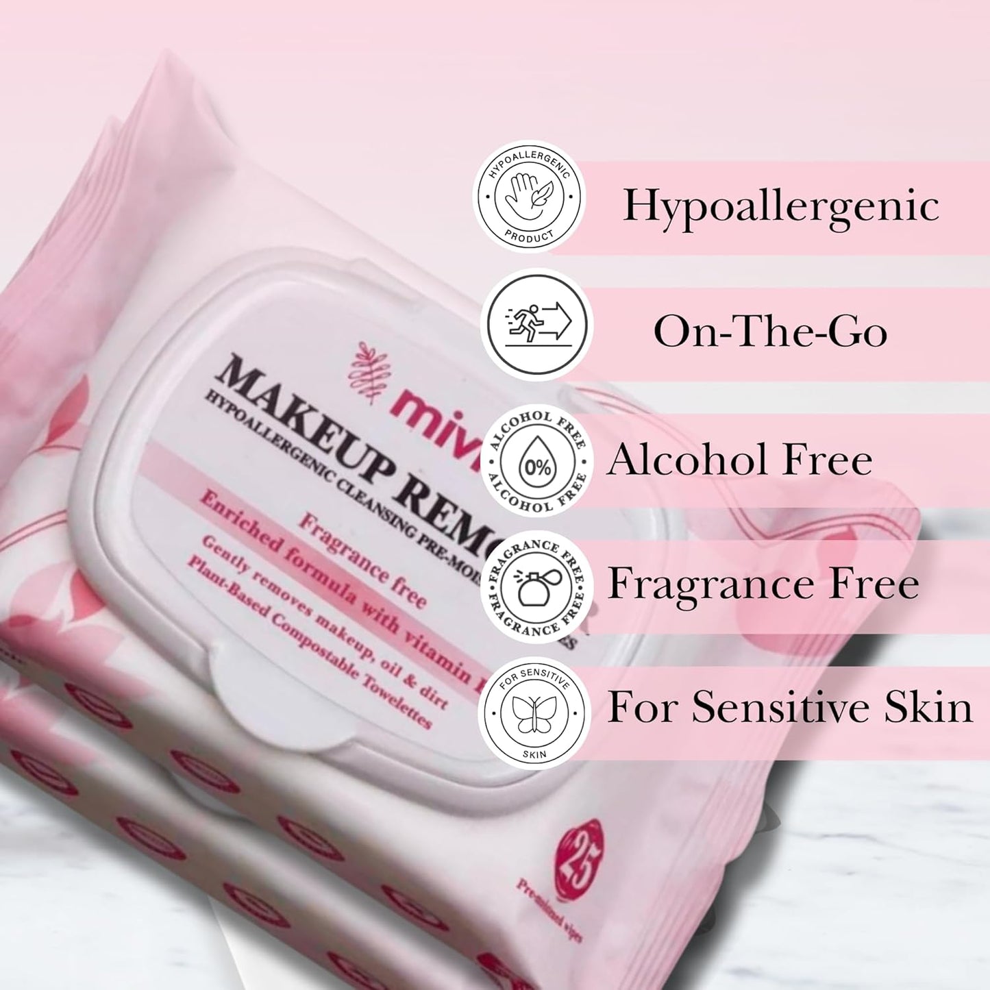 mivida Hypoallergenic Makeup Remover Wipes 2 Pack of 25 Count | Plant Based Facial Cleansing Make up Remover Face Wipes with Vitamin E | Fragrance Free, Alcohol Free | 50 Count wipes