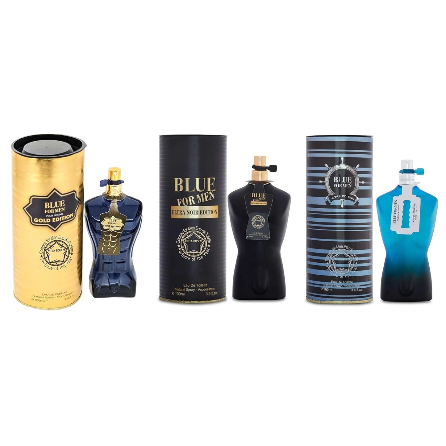 META-BOSEM 3-Pc Set Cologne Can Type Bottle Collection (Blue for Men Ultra Edition+Gold Edition+Ultra Noir), Eau de Toilette Natural Spray - Masculine Scent (Pack of 3) Each 3.4 Fl Oz, Total 10.2 Oz