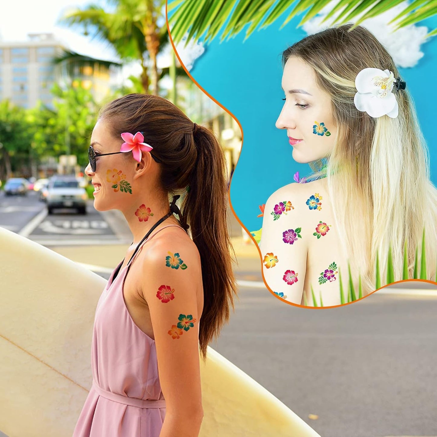 Nosiny 240 Pcs Hibiscus Glitter Tattoos Hawaiian Temporary Tattoos Flower Luau Stickers Summer Decal Stickers Tropical for Women Men Body Face Hawaiian Themed Party