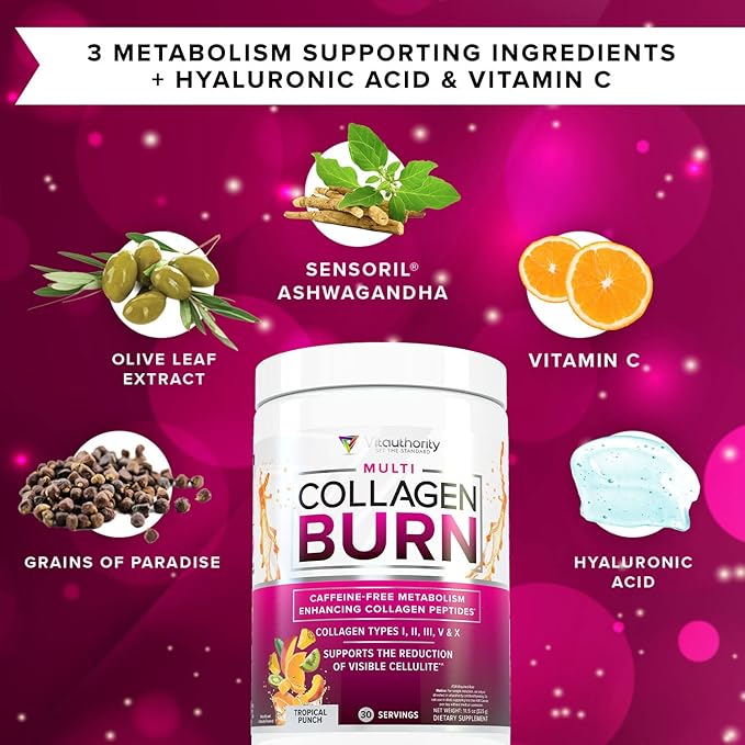 Hydrolyzed Collagen Peptides Powder for Women - Slimming MultiCollagen Burn Ultimate Beauty Complex with Hyaluronic Acid Vitamin C & Types I II III V and X for Women Tropical Punch 30 Servings
