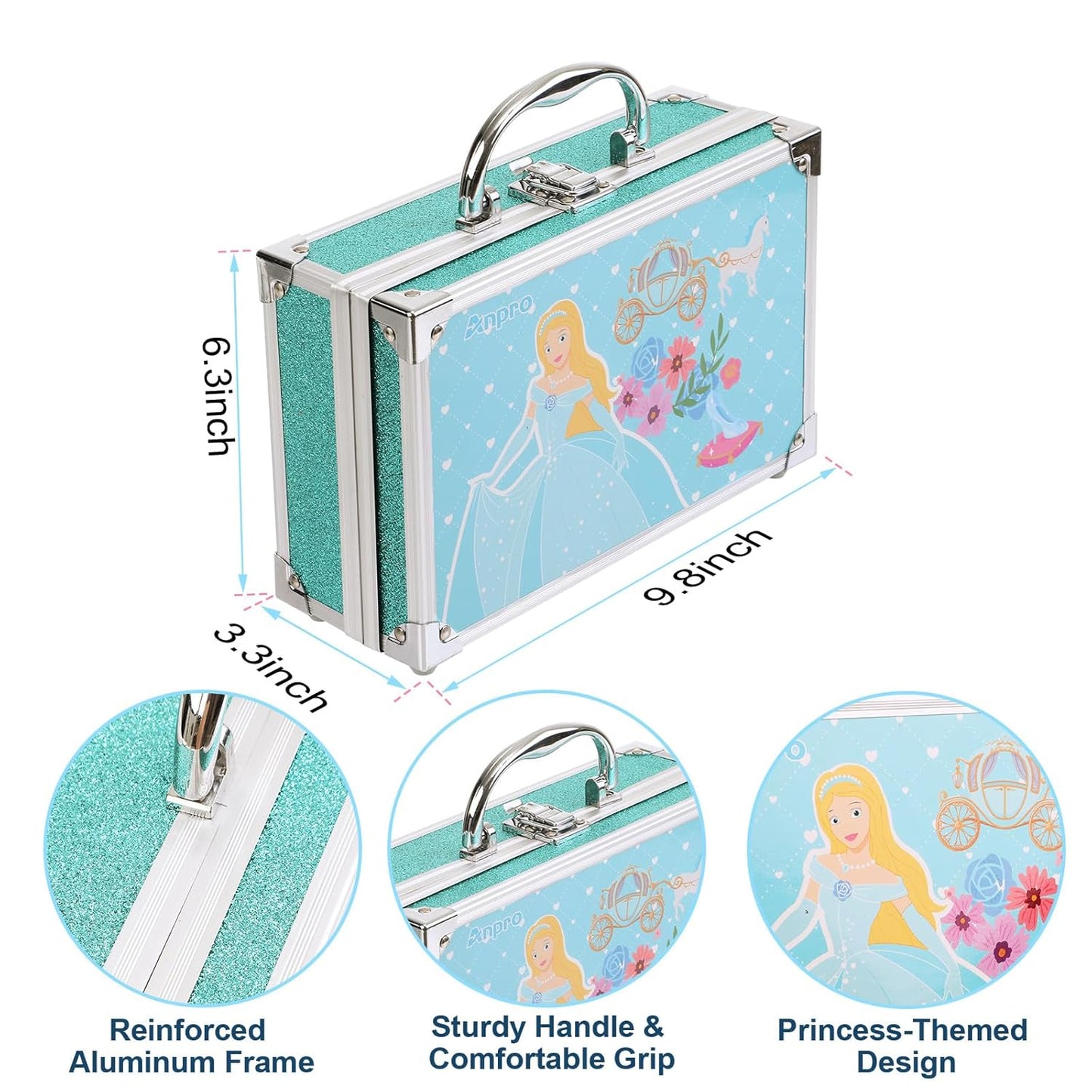 Anpro All-In-One Makeup Carry Case with Pro Teen Makeup Set, Full Starter Cosmetics Kit with Makeup Brushes, Lipsticks, Eye Shadows Palette, Blushes, Glitter Gel-Blue Leopard