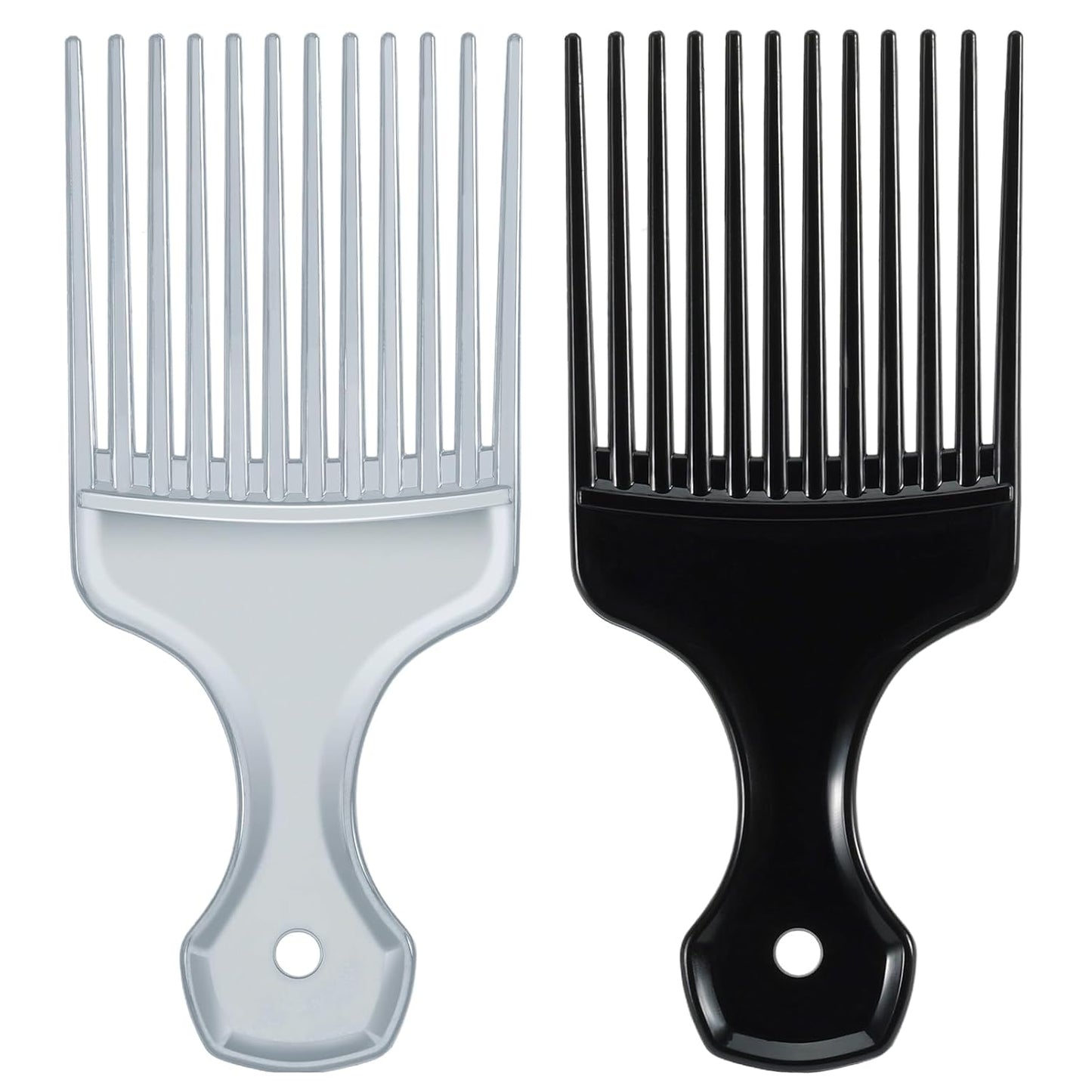 SIMPOR 2 Pcs Hair Pick Comb Wide Tooth Lift for Hair Styling Detangling Plastic Afro Pick for Women Men (Silver, Black)