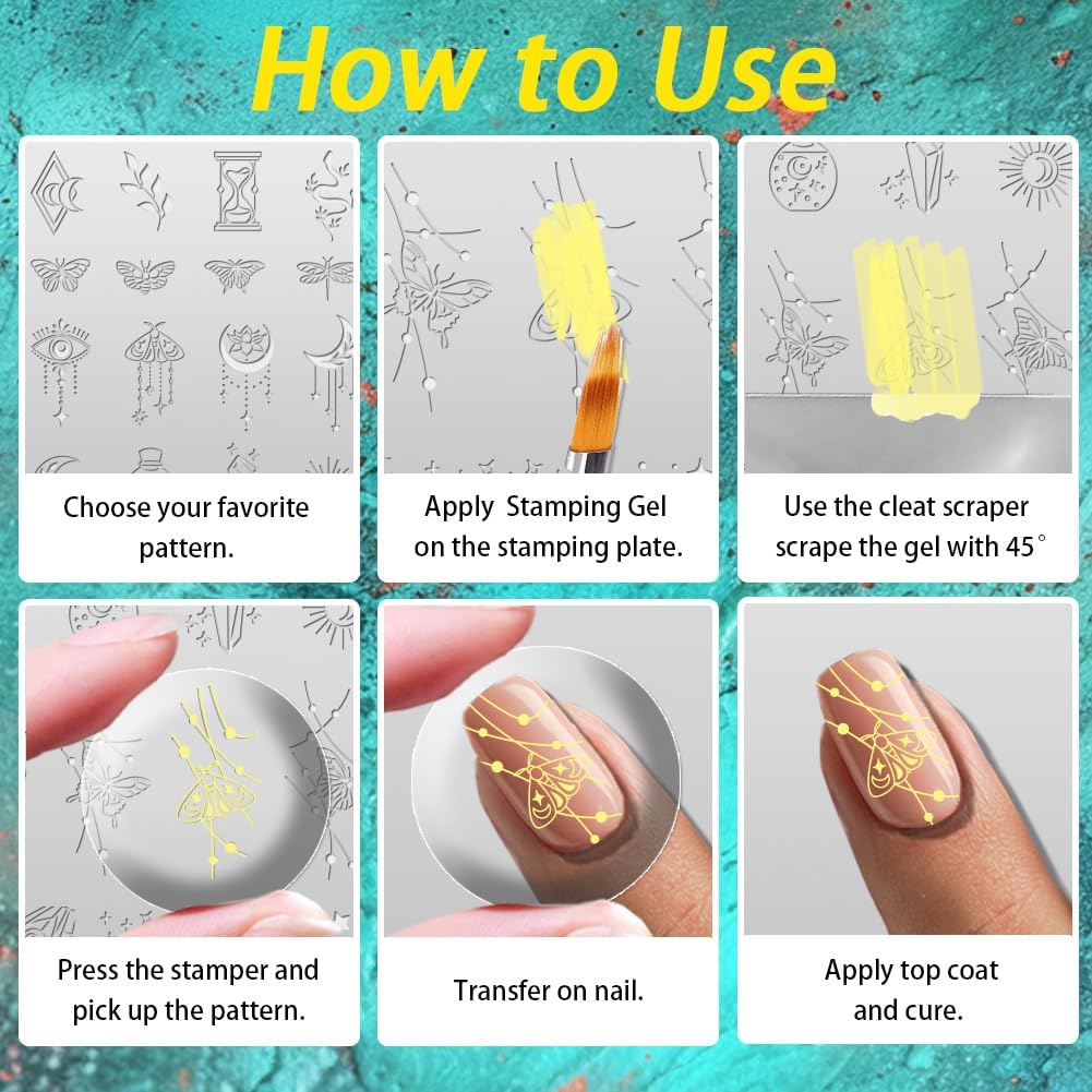 3Pcs Moth Nail Stamping Plate Set Butterfly Sun Moon Eyes Crystal Stainless Steel Nail Stamp Templates Clear Silicone Nails Stamping with Stamper Scraper for Manicure Printing