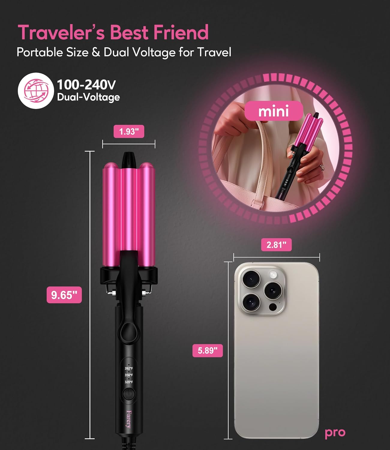 FARERY Mini Hair Crimper 3 Temperature Adjustable, 3 Barrel Curling Iron for Short Hair, Hair Waver for Women Beach Waves, 1/2 Inch Travel Size, Dual Voltage, Pouch Bag