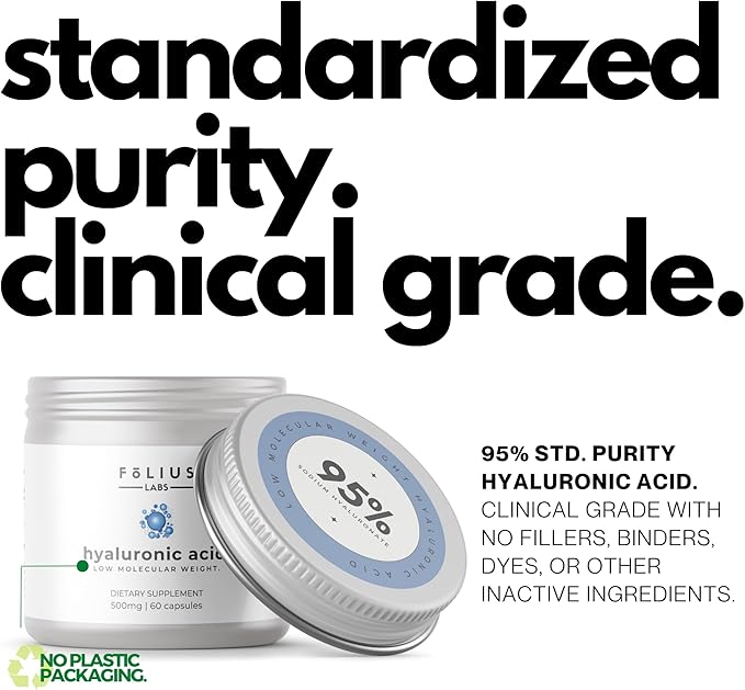 Ultra High Purity Hyaluronic Acid Capsules 500mg - 95% Sodium Hyaluronate - Highly Purified and Bioavailable - Low Molecular Weight - Non-GMO Fermented - 60 Capsules