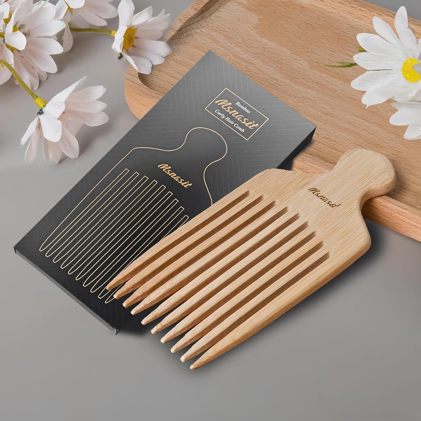 Bamboo Hair Pick for Curly Hair, Premium Wooden Wide Tooth Detangling Comb with Ergonomic Handle, Natural Volume & Styling Tool for Men Women, Fine or Thick Beard Pick