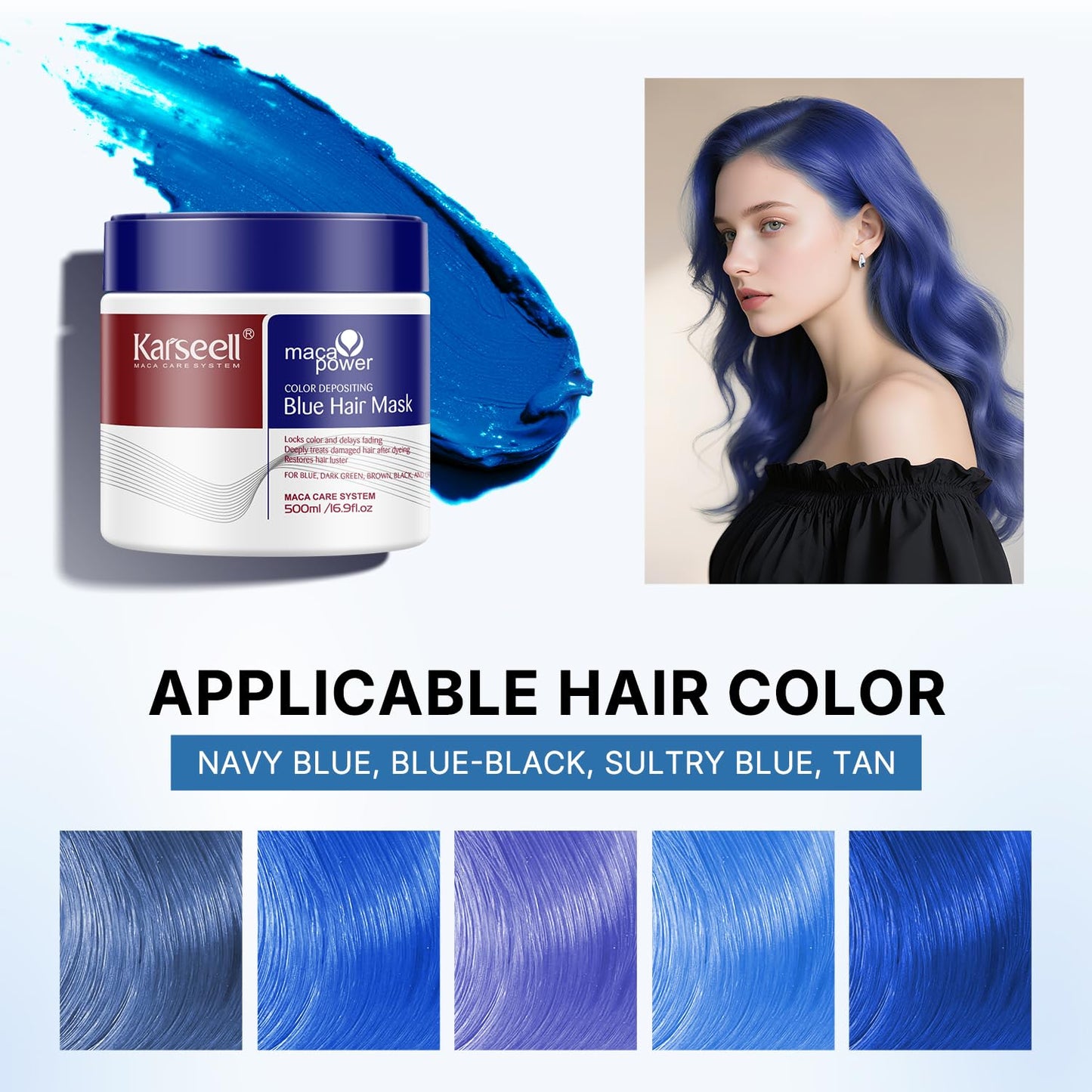 Karseell Blue Hair Color Depositing Mask, Deep Conditioner Treatment Intensely Hydrating, Refreshes Color & Tone 500mL