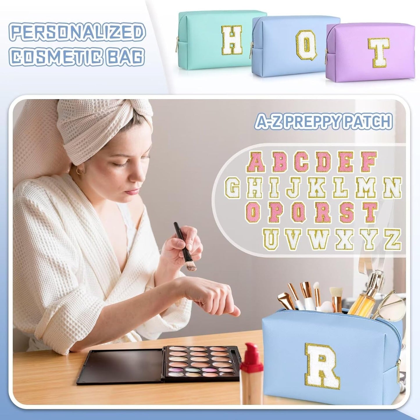 TOPEAST Travel Makeup Bag, Personalized Initial Toiletry Bag w Zipper, Cute Makeup Pouch, PU Leather Waterproof Cosmetic Bag, Birthday Gift for Daughter, Preppy Things for Girls (Sky Blue G)