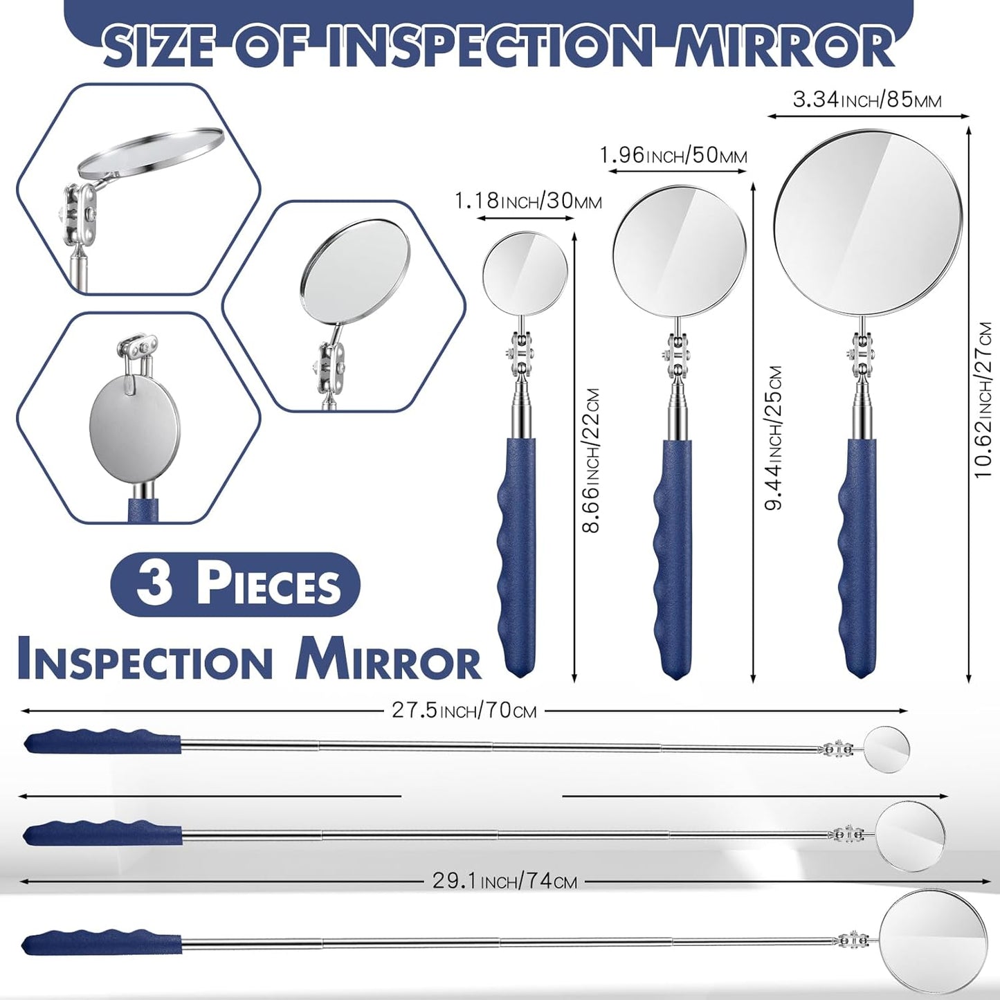 3 Pieces Telescoping Inspection Mirror Stainless Steel Extendable Mechanic Mirror with Long Handle Tool for Technicians Mechanics Contractors (Blue)