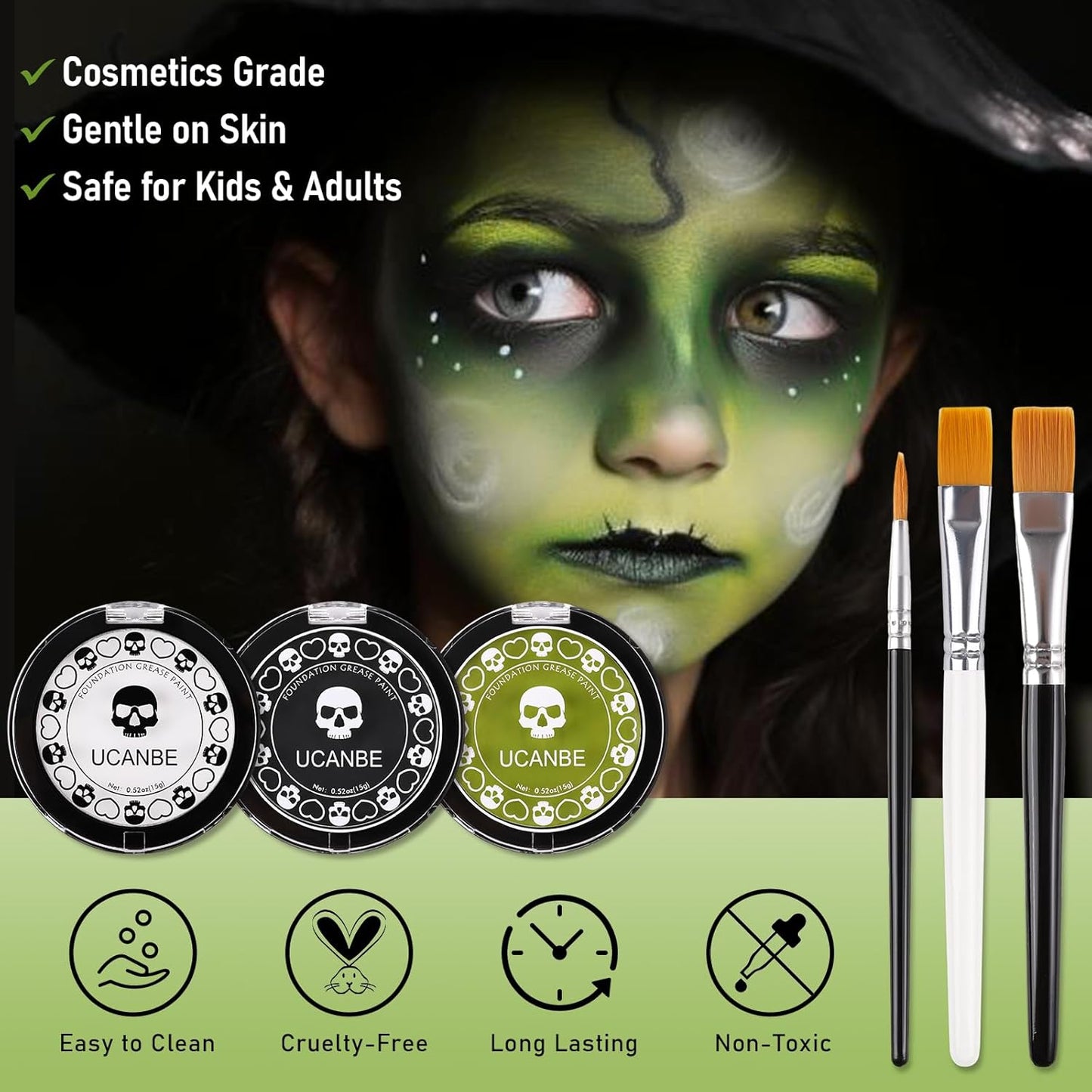 White Foundation + Black Green Face Body Paint with Painting Brushes Halloween Makeup Set, Kids Adults Facepaint Kit for Witch Monster Grinch Shrek Hulk Alien Special Effects Make Up Cosplay Party