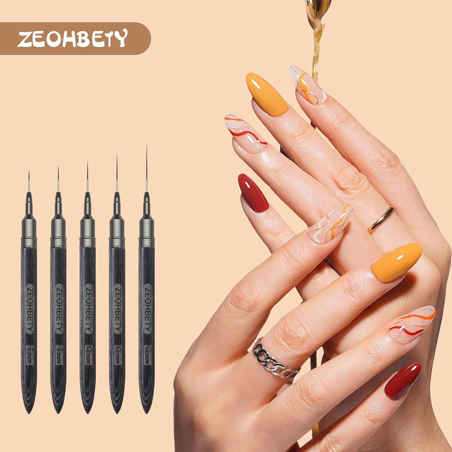 Wooden Nail Art Brushes, 5Pcs Nail Art Liner Brushes, Painting Art Design Brush Set Nail Dotting Drawing Tool for Long Lines, Thin Details, Fine Drawing Sizes 6/9/12/15/18mm, Grey