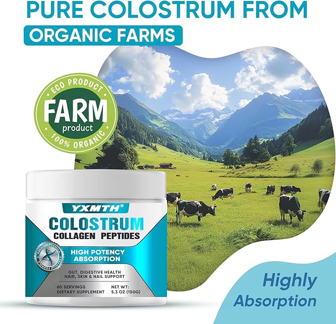 Premium Bovine Colostrum & Collagen Powder - Gut Repair, Immune Boost, Hair Growth & Beauty Support with IgG, Probiotics, and Vitamins B12/C/D3 - Sugar-Free, Gluten-Free, Fat-Free (60 Servings)