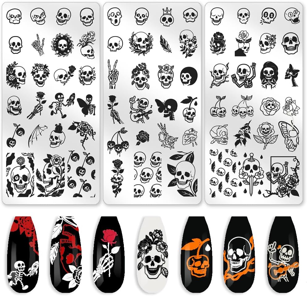 3Pcs Skull Nail Stamping Plate Set Halloween Nail Stamp Templates Skeleton Hands Roses Metal Reusable Tools with Stamper Scraper for Manicure Printing