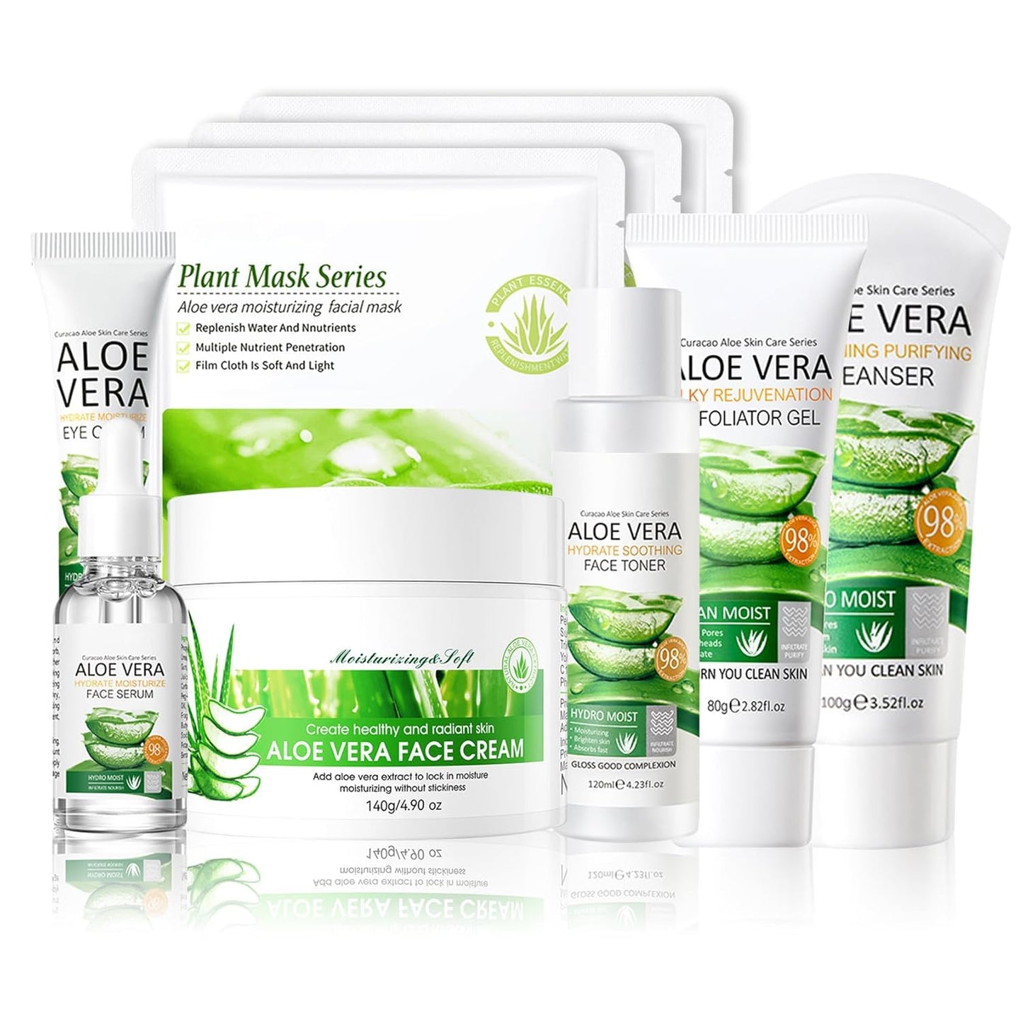 Aloe Vera Skin Care Set,Facial Kit with Facial Cleanser,Toner,Eye Cream,Face Serum,,Exfoliating Gel,Face Cream & 3PCS Mask,Travel Skincare Kit for Women (9PCS)