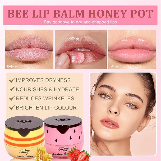Honey Lip Balm, Bee Lip Balm Honey Pot,Moisturizing Lip Mask Overnight,Hydrate Repair Prevent Dry Cracked Lip Care (5, Honey+Strawberry+Watermelon+Apple+Cherry)