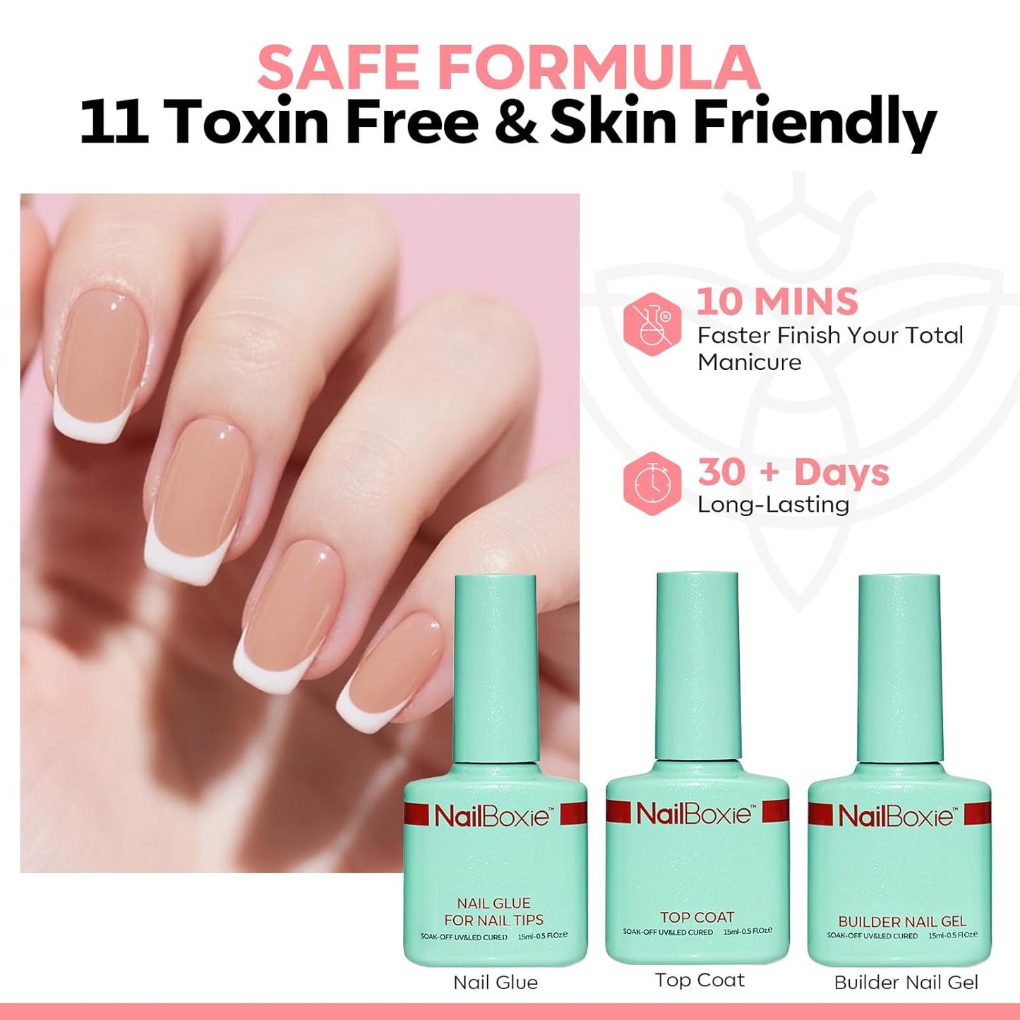 Modelones Gel Nail Kit, Press On Nails Kit with LED Light, 150 PCS Extra Short Pink Square, 15 Sizes French Tip Press on Nails, NailBoxie Pre-Colored Nail Tips for Easy DIY Nail Art