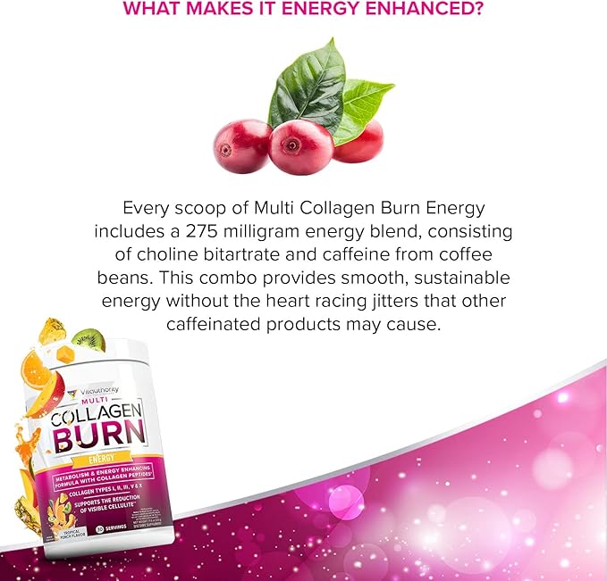 Multi Collagen Burn: MultiType Hydrolyzed Protein Peptides with Hyaluronic Acid, Vitamin C, SOD B Dimpless, Types I, II, III, V and X, with Caffeine 30 Servings Tropical Punch Flavored
