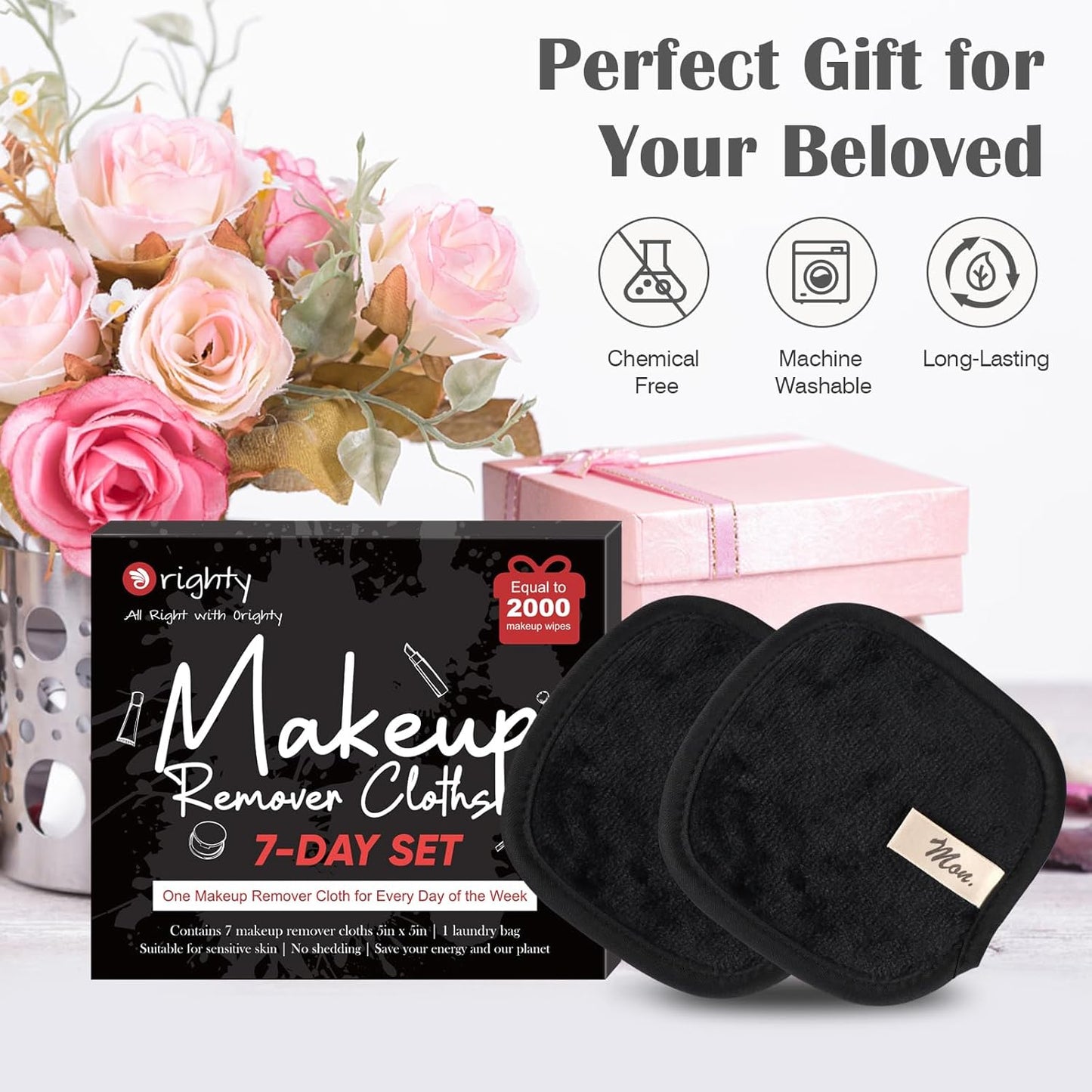 Orighty Makeup Remover Cloths 7-Day Set, Premium & Reusable Makeup Remover Pads, Erase Make-up With Just Water, Make-up Set For Eyes, Lips, Foundation and more, Ideal Choice For Women (Black)