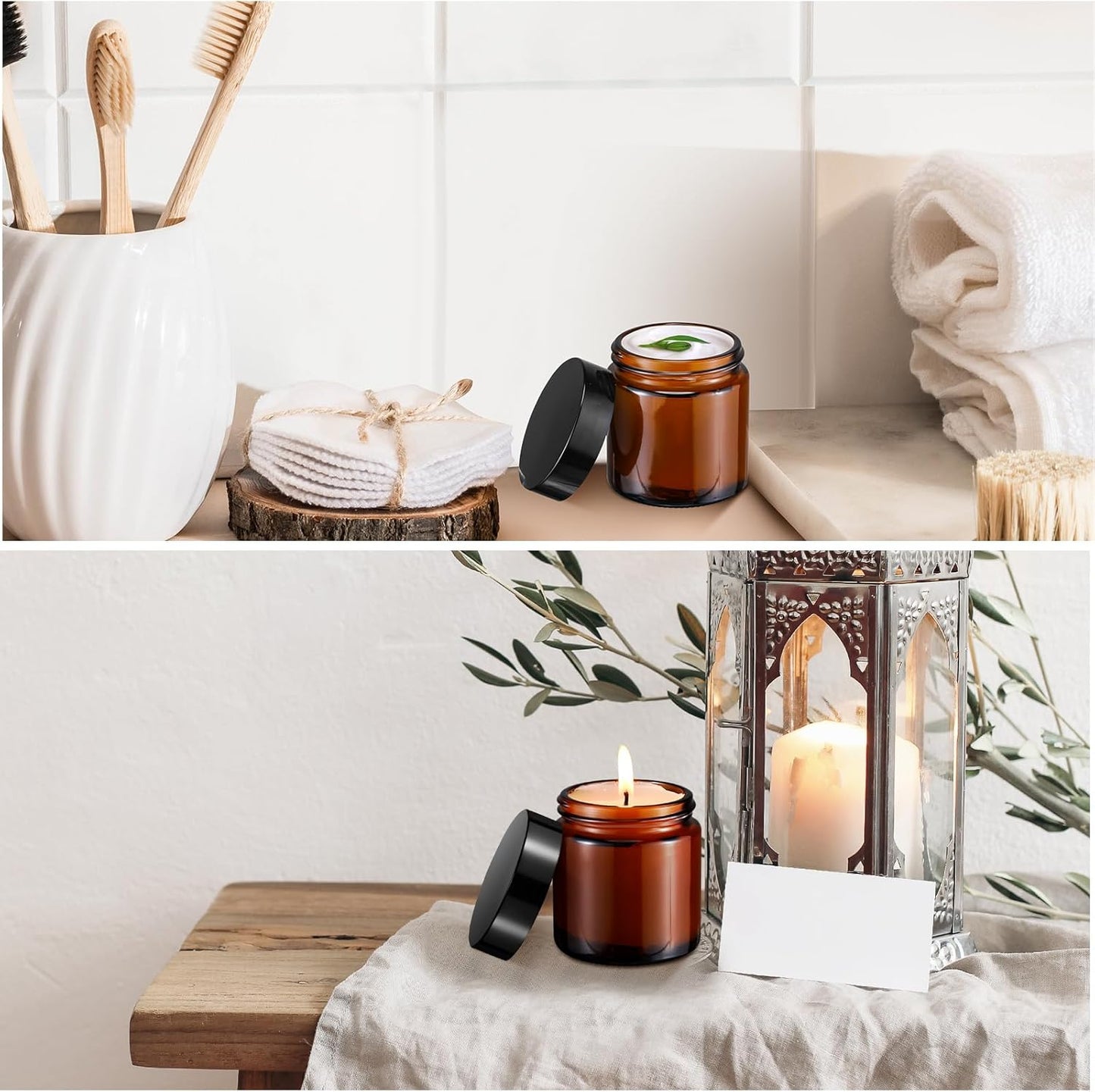 Norme 24 Pcs 4 oz Glass Jars with Lids Leakproof Round Airtight Empty Cosmetic Jars with Inner Liners Lid for Storing Lotions Powder Ointments Candle Making Tins (Black,Amber)