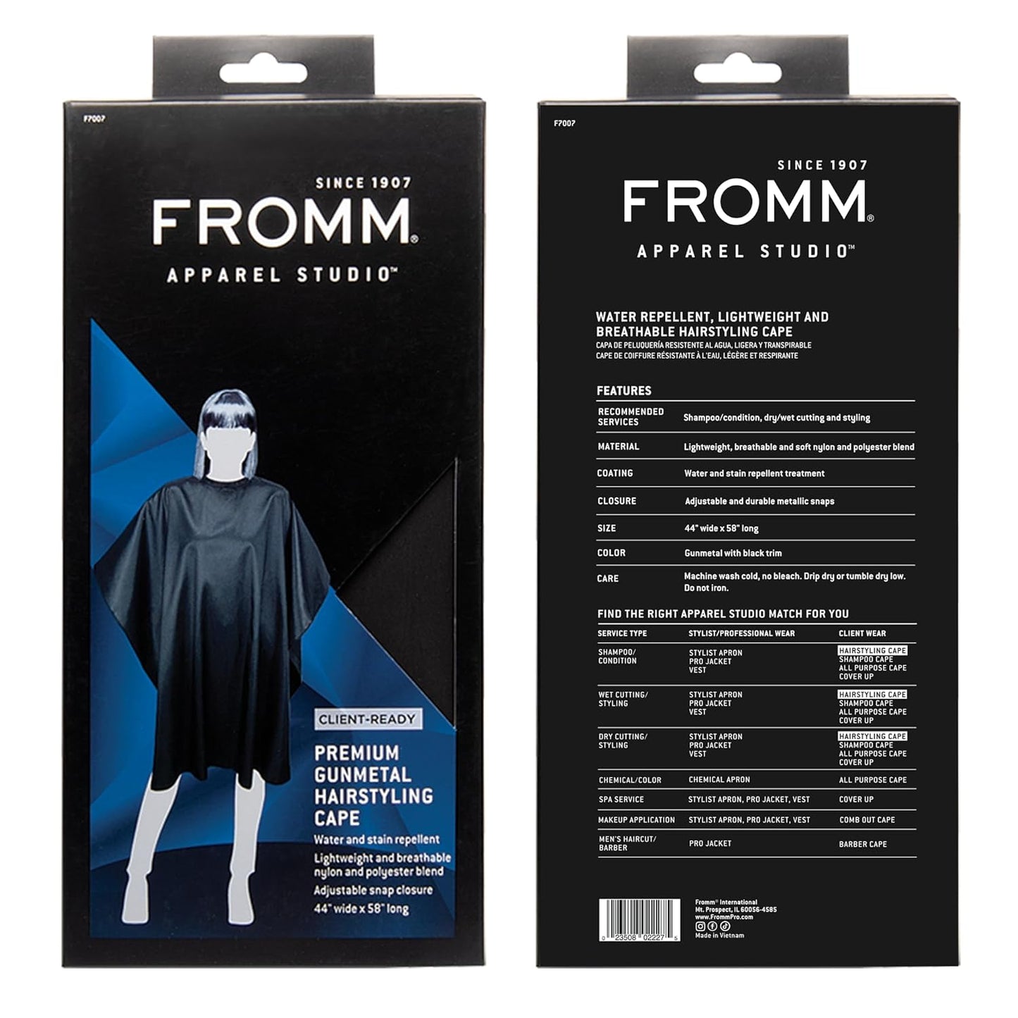 Fromm Professional Client Hair Styling and Hair Cutting Cape, Water and Stain Repellent Coating for Shampoo Bowl and Wet/Dry Cutting, 44" x 58", Gunmetal Grey