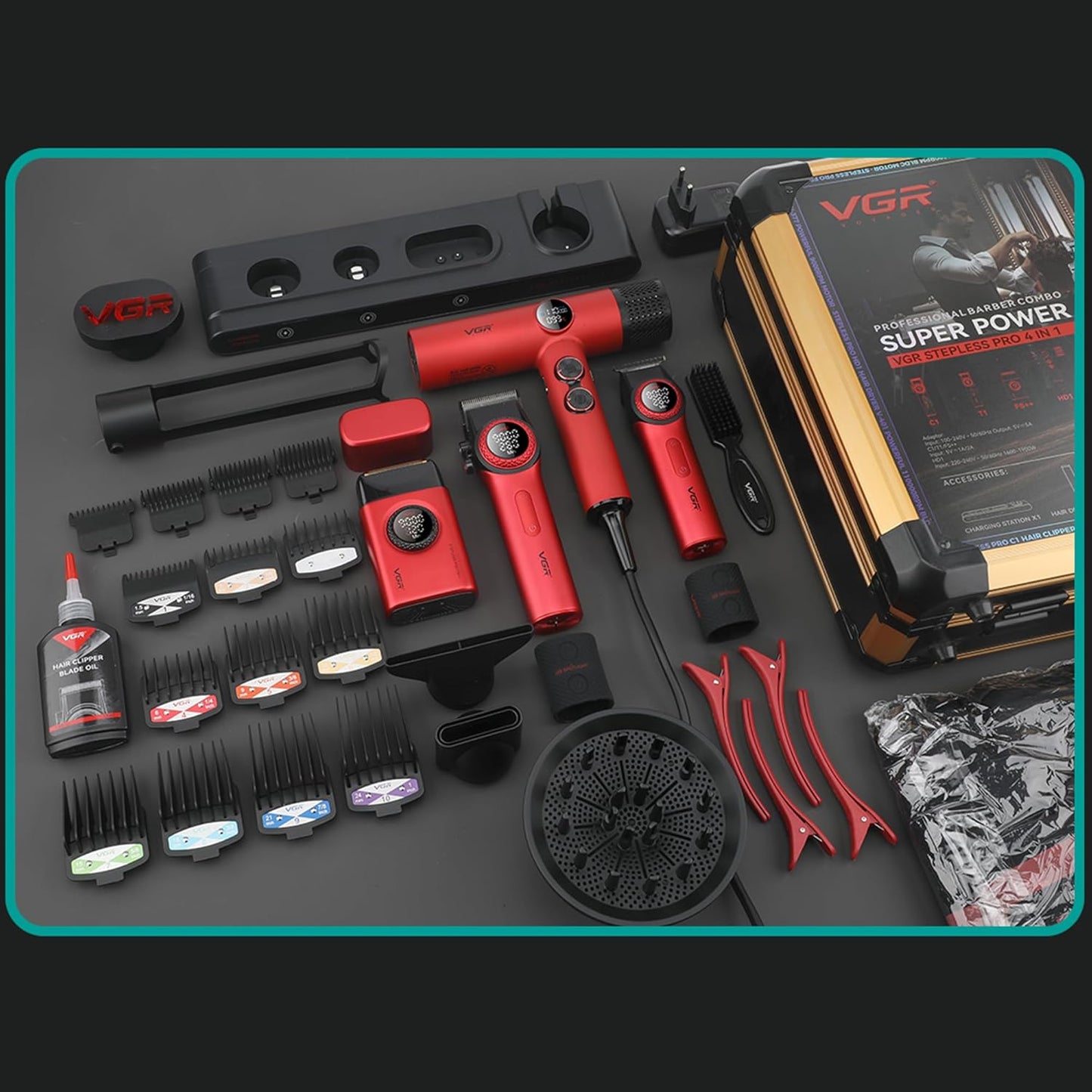 VGR Professional Barber Combo 4 in 1 – 9000RPM Cordless Hair Clipper & Trimmer, Foil Shaver & Hair Dryer Set, All-in-One Grooming Kit for Home & Barber, Premium Haircutting Kit with Travel Case, Red