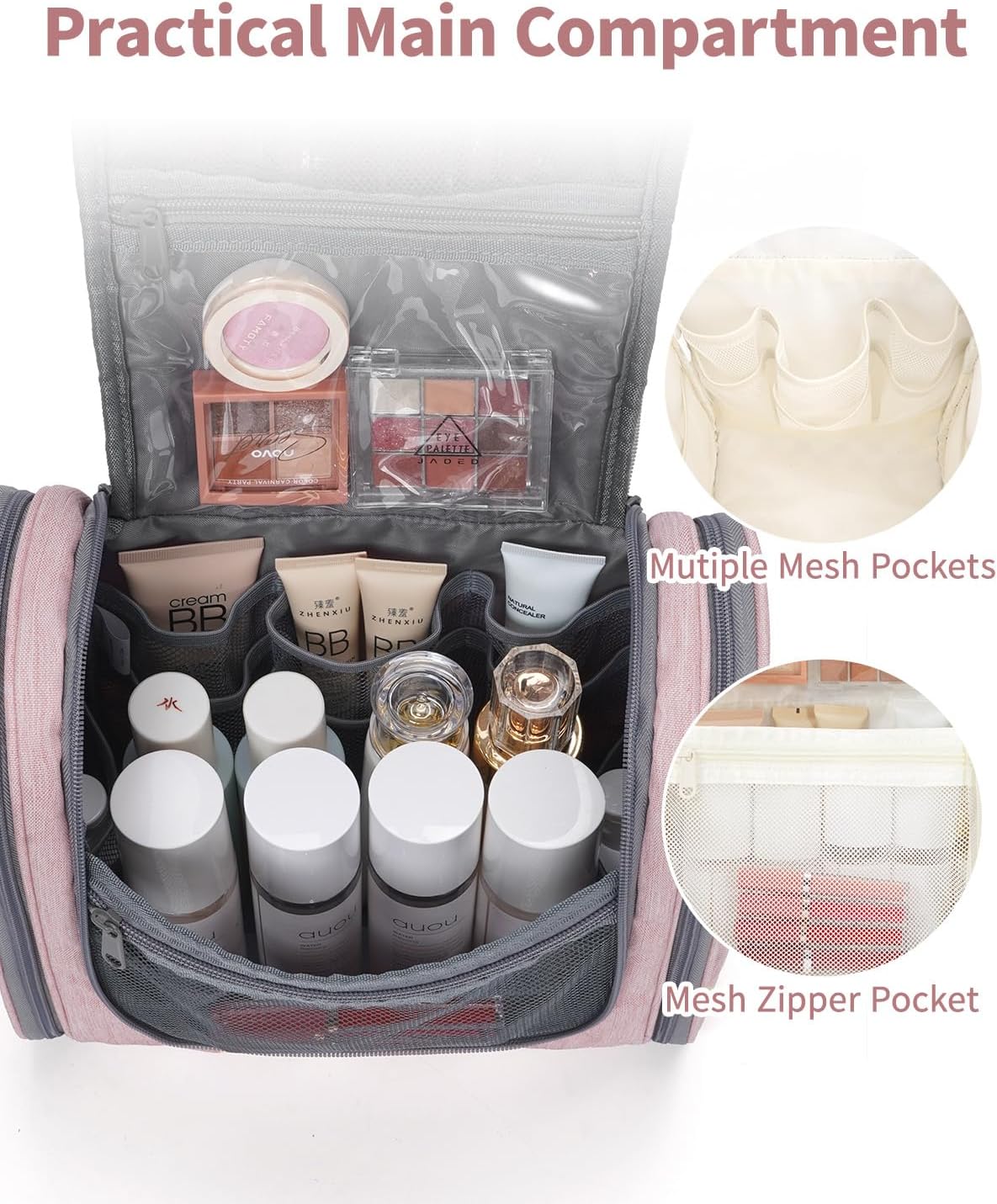 Narwey Hanging Toiletry Bag for Women Travel Makeup Bag Organizer Toiletries Bag for Cosmetics Essentials Accessories(Large, Pink)