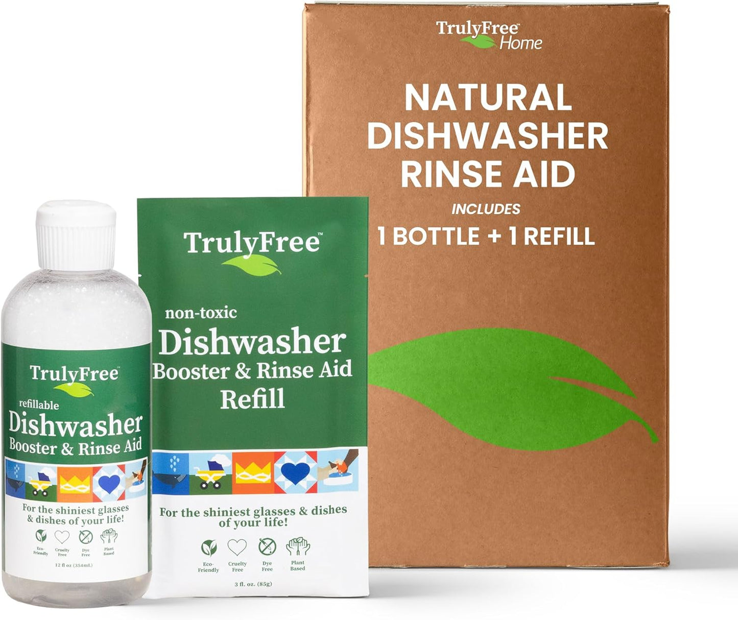 Truly Free Natural Dishwasher Booster & Rinse Aid - Non-Toxic Dishwashing Aid Formula, Removes Residue & Tough Dish Stains, Water Spot Remover - Includes: 1 Reusable Empty 12 oz Bottle & 1 Refill