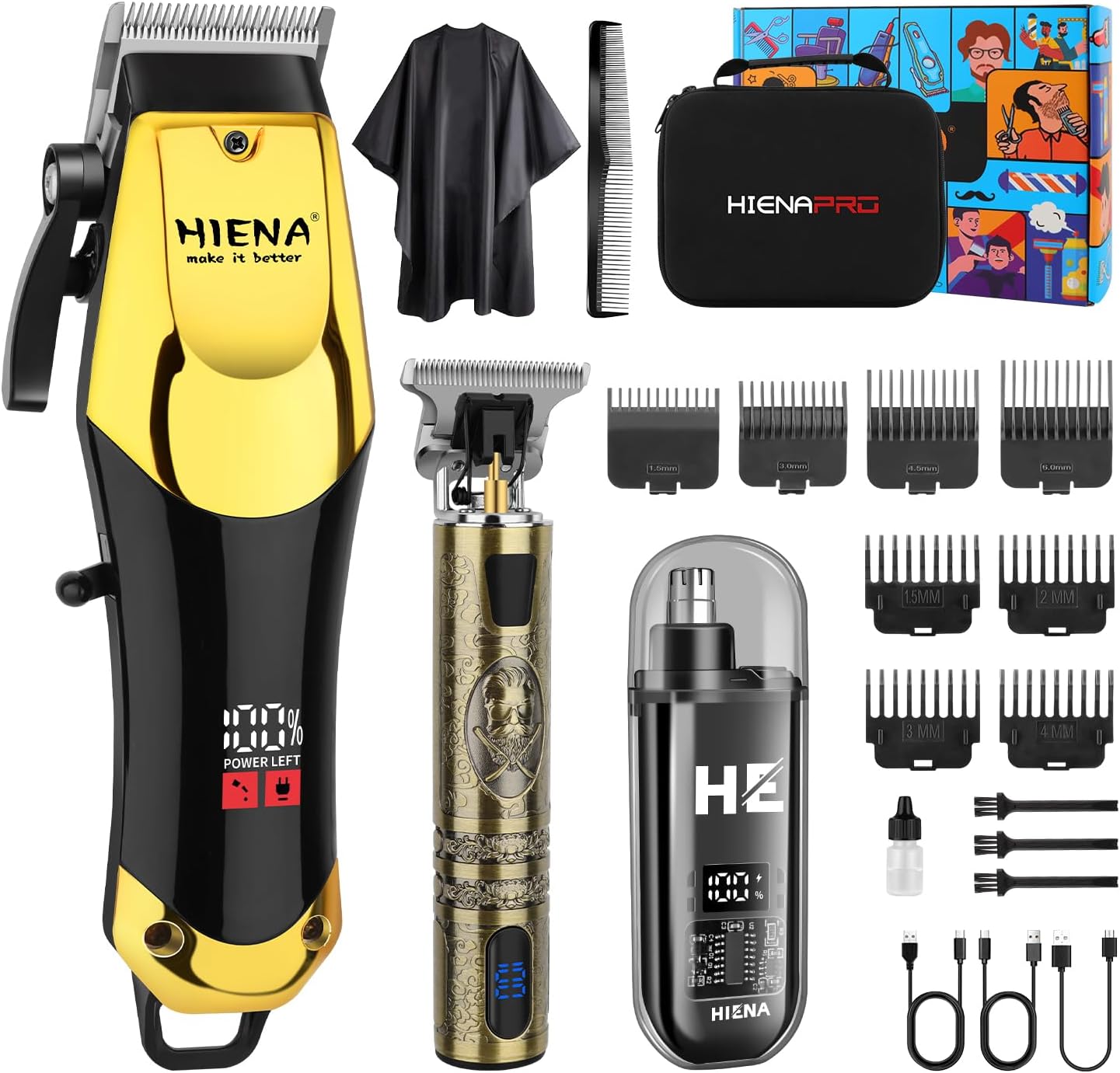 HIENA PRO Professional Hair Clippers & Cordless Barber Clippers for Men, Rechargeable Trimmer Set and Facial Grooming Tool Kit, Ear, Nose Hair Trimmer Set, Gifts for Men