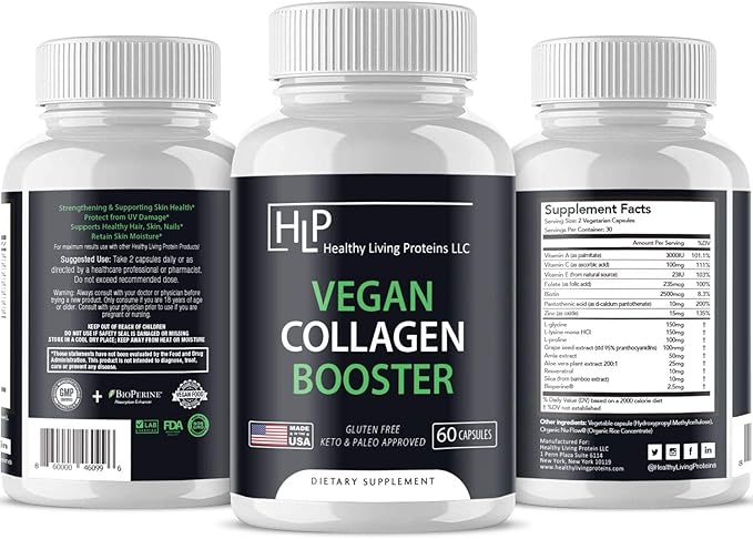 Healthy Living Proteins | Vegan Collagen Booster | Helps Support & Boost Collagen in Your System for Healthy Hair, Skin, Nails | Vegan, Vegetarian, Keto, Paleo, Gluten Free | Capsules (60 Count)