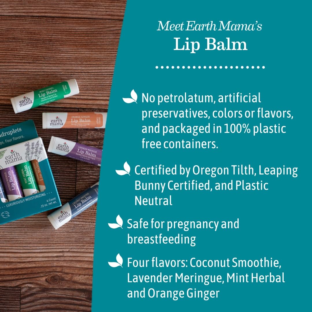 Earth Mama Lip Balm Variety Pack | Quadruplets 4 Pack | Lavender Meringue, Mint Herbal, Coconut Smoothie & Orange Ginger | Soothing & Hydrating Lip Moisturizer | Pregnancy Safe