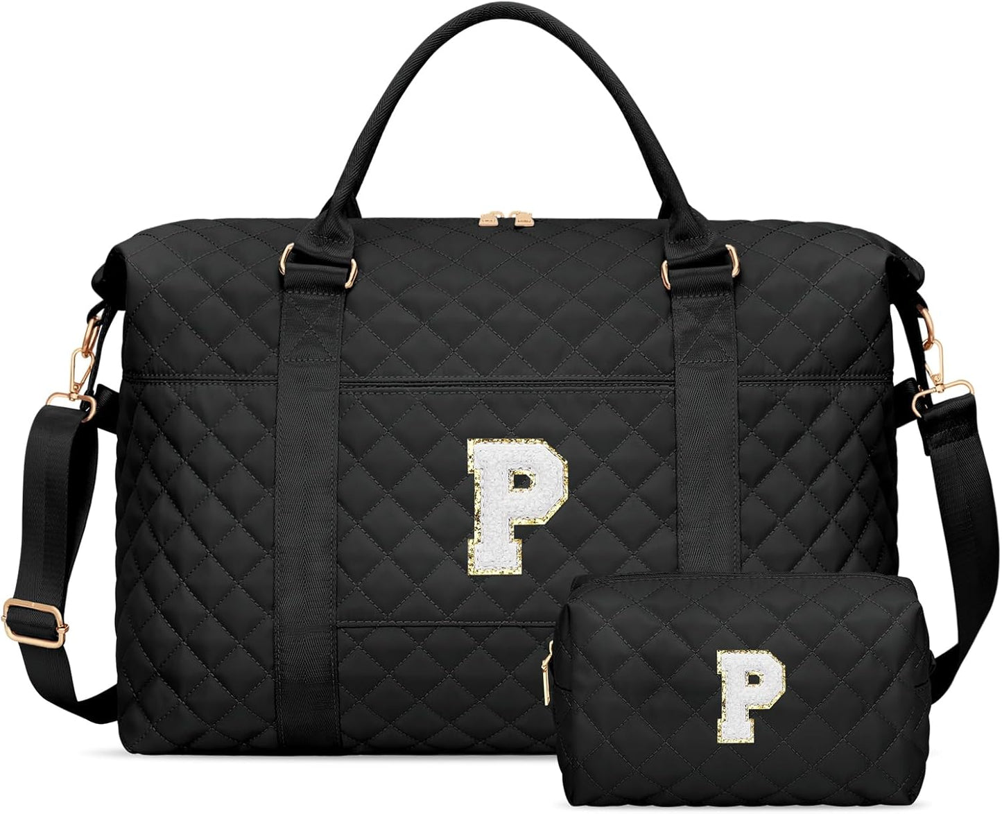 Gifts for Teen Girl, Initial Travel Duffle Bag, Personalized Women Weekender Overnight Bags, Gift for Daughter Kid Girl Wife Friend（Black,P)