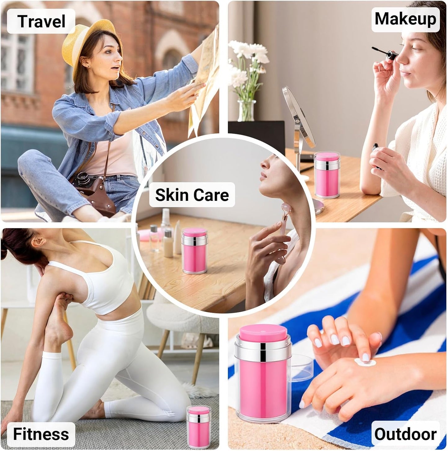 Segbeauty Airless Jar 3.4oz Travel Bottles for Toiletries, 3pcs Refillable Travel Size Lotion Jar Containers, 100ml Pink Plastic Cream Jars with Lids, Vacuum Empty Pump Bottles Dispenser for Makeup