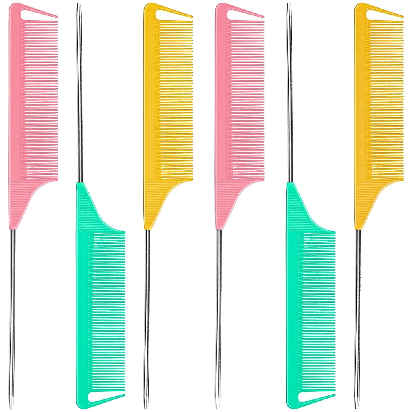6 PCS Rat Tail Hair Parting Combs - Steel Pin Rat Tail Teasing Fine Tooth Comb Set for Women,Rattail Styling Metal Comb with Stainless Steel Pintail,Carbon Heat Resistant Comb for Curly Braiding Hair