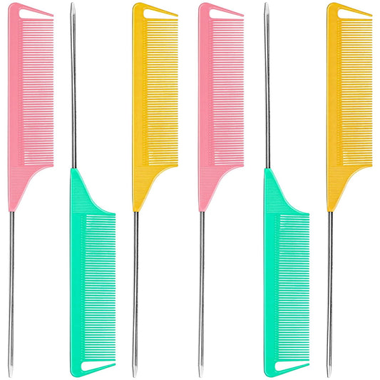 6 PCS Rat Tail Hair Parting Combs - Steel Pin Rat Tail Teasing Fine Tooth Comb Set for Women,Rattail Styling Metal Comb with Stainless Steel Pintail,Carbon Heat Resistant Comb for Curly Braiding Hair