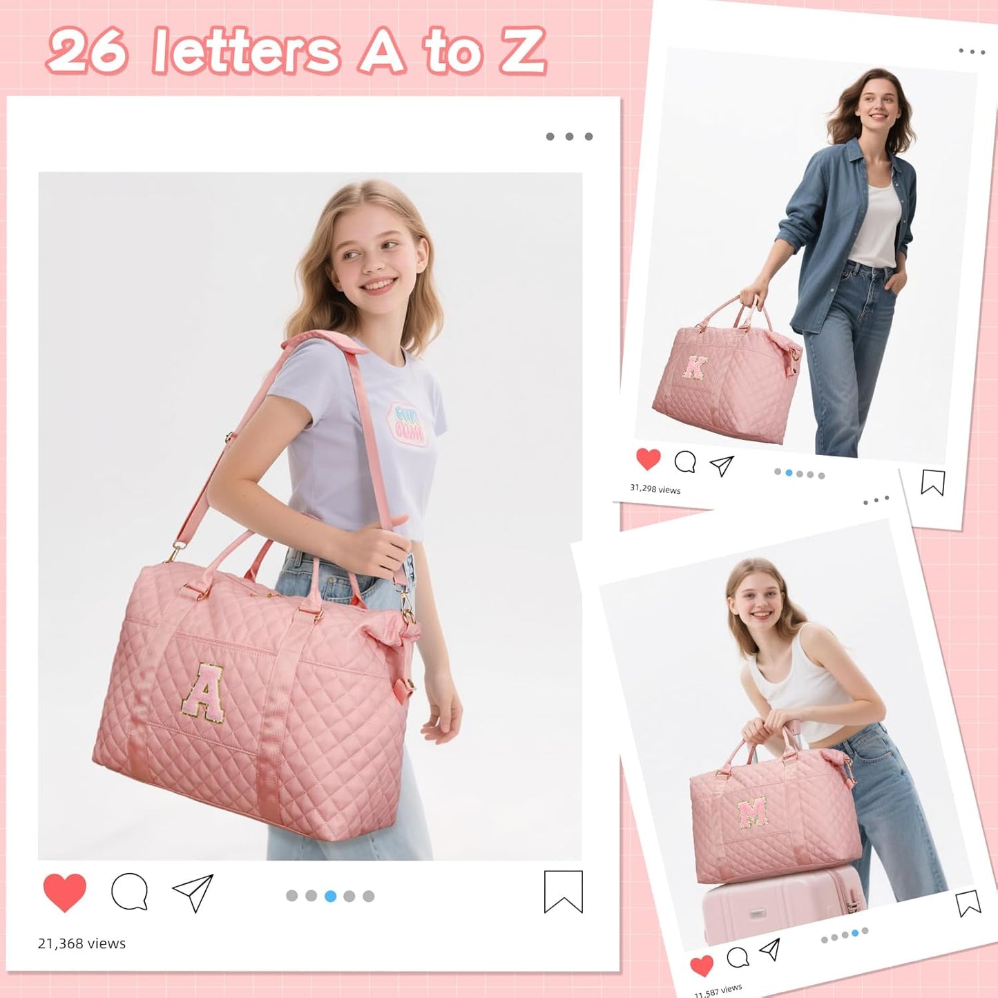 Gifts for Teen Girl, Initial Travel Duffle Bag, Personalized Women Weekender Overnight Bags, Gift for Daughter Kid Girl Wife Friend（Pink,P)