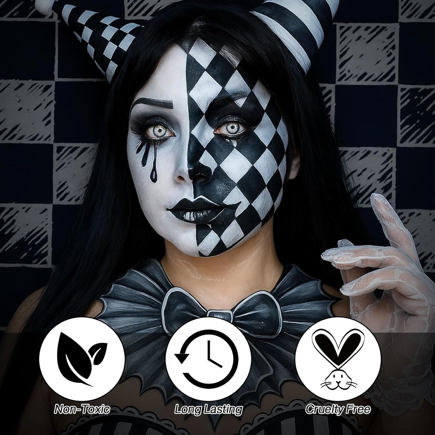 Black White Grey Face Body Paint, Halloween Ghost Skeleton Makeup Kit (3 Sponges + 5 Brushes), 9 Pcs Oil Based Full Coverage Smooth Face Painting Kit for Halloween SFX Clown Costume, Skull, Cosplay