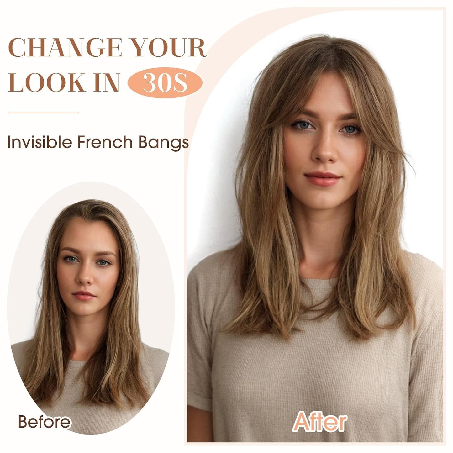 Hairro Clip in Wave Side Bangs Extensions, 100% Human Hair 2 PCS Clip on Middle Part French Bangs Thin Sides Swept Fringe Hairpieces